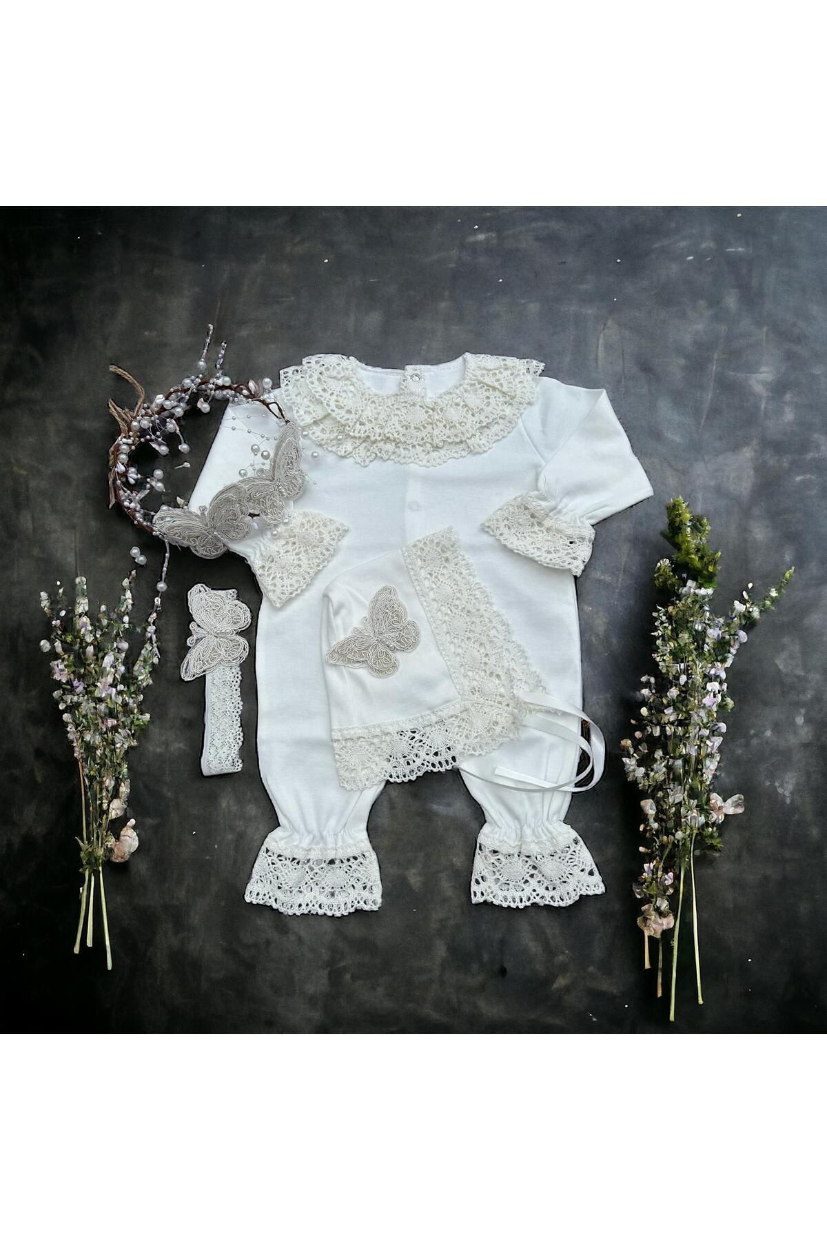 Şeker Tadında Tasarımlar Kelebek Detaylı Yenidoğan 5parça Bebek-anne Seti,mevlüt Takımı fotoğrafı 2 (önizleme)