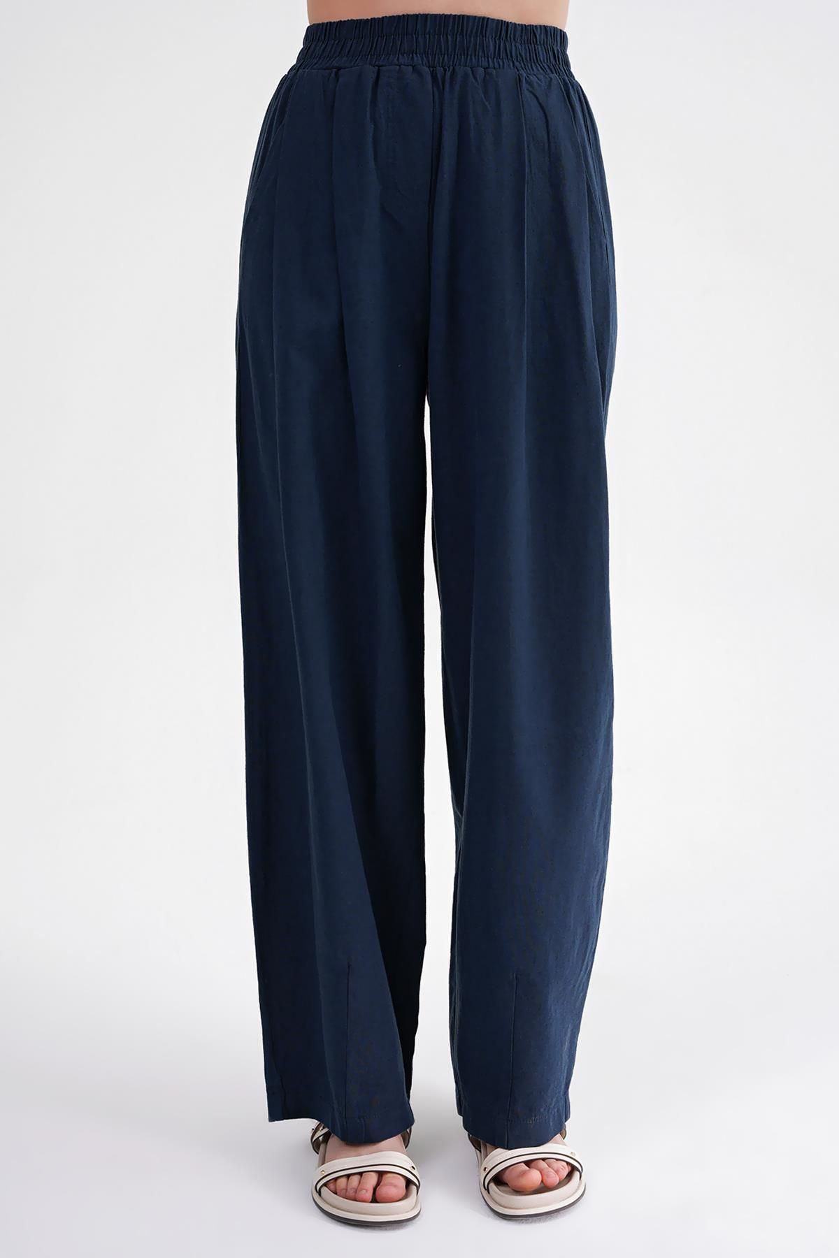 Mixray-4682 Women's Elastic Waist Jogger Linen Trousers Navy Blue 5