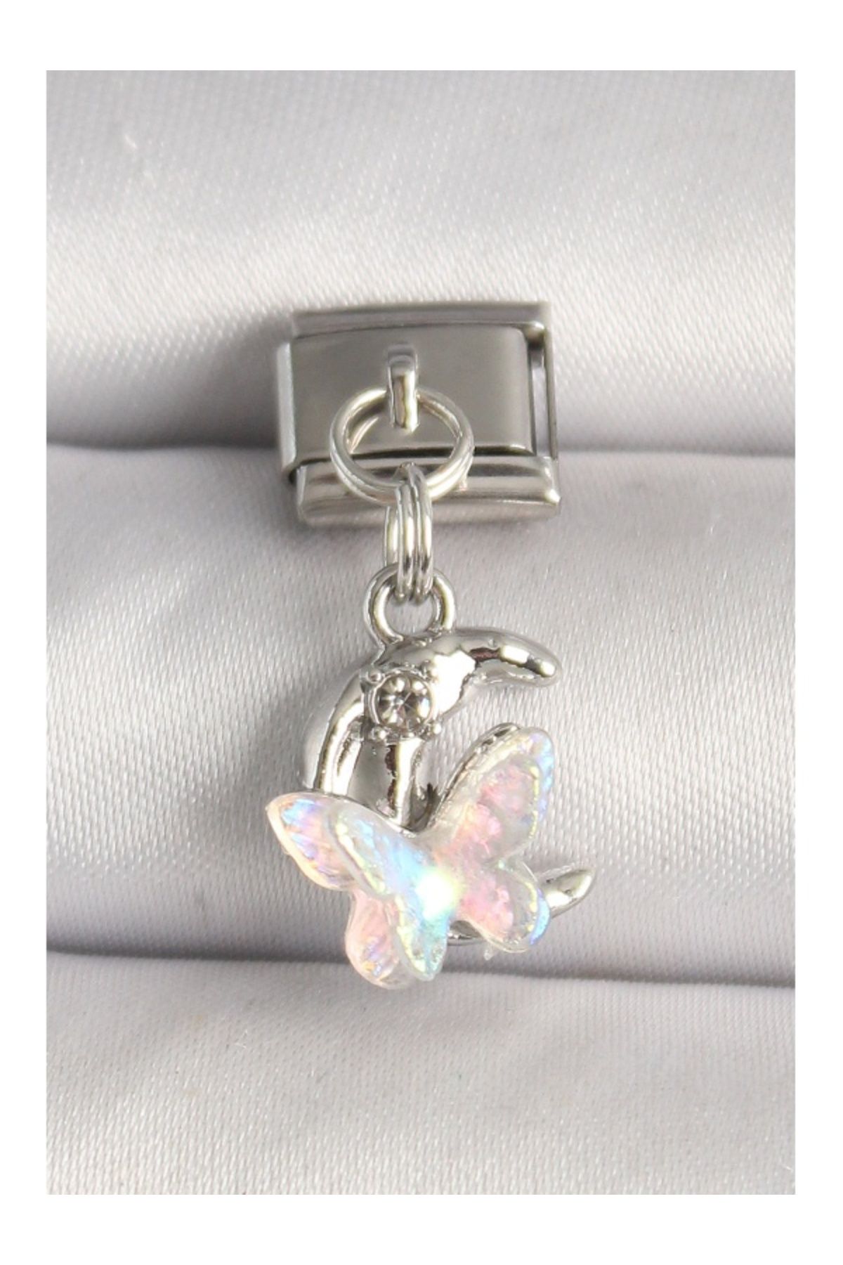 Clariss-Heyf 316L Steel Silver Color Zircon Stone Crescent White Enamel Butterfly Model Nomination Charm 1