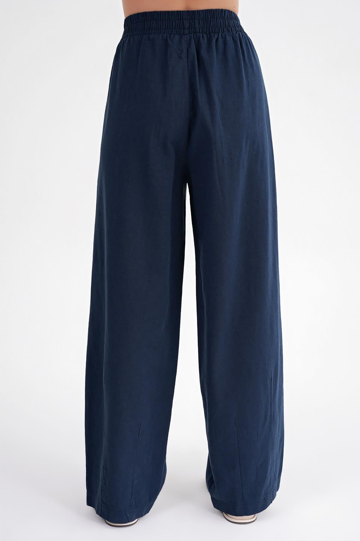 Mixray-4682 Women's Elastic Waist Jogger Linen Trousers Navy Blue 8