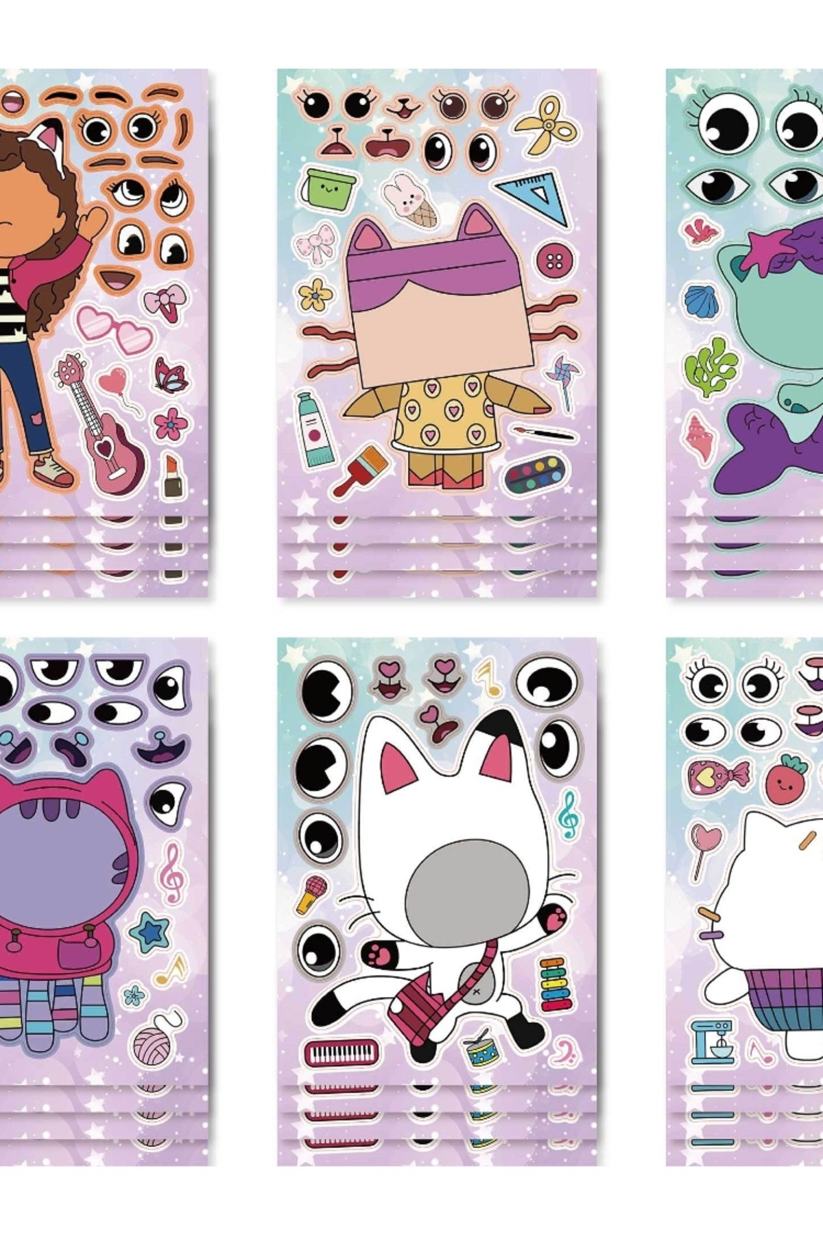 Miniso-6Sheets 6/12Sheets Gabby's Dollhouse Make A Face Puzzle Stickers Kids Make Your Own DIY Game Childre 7