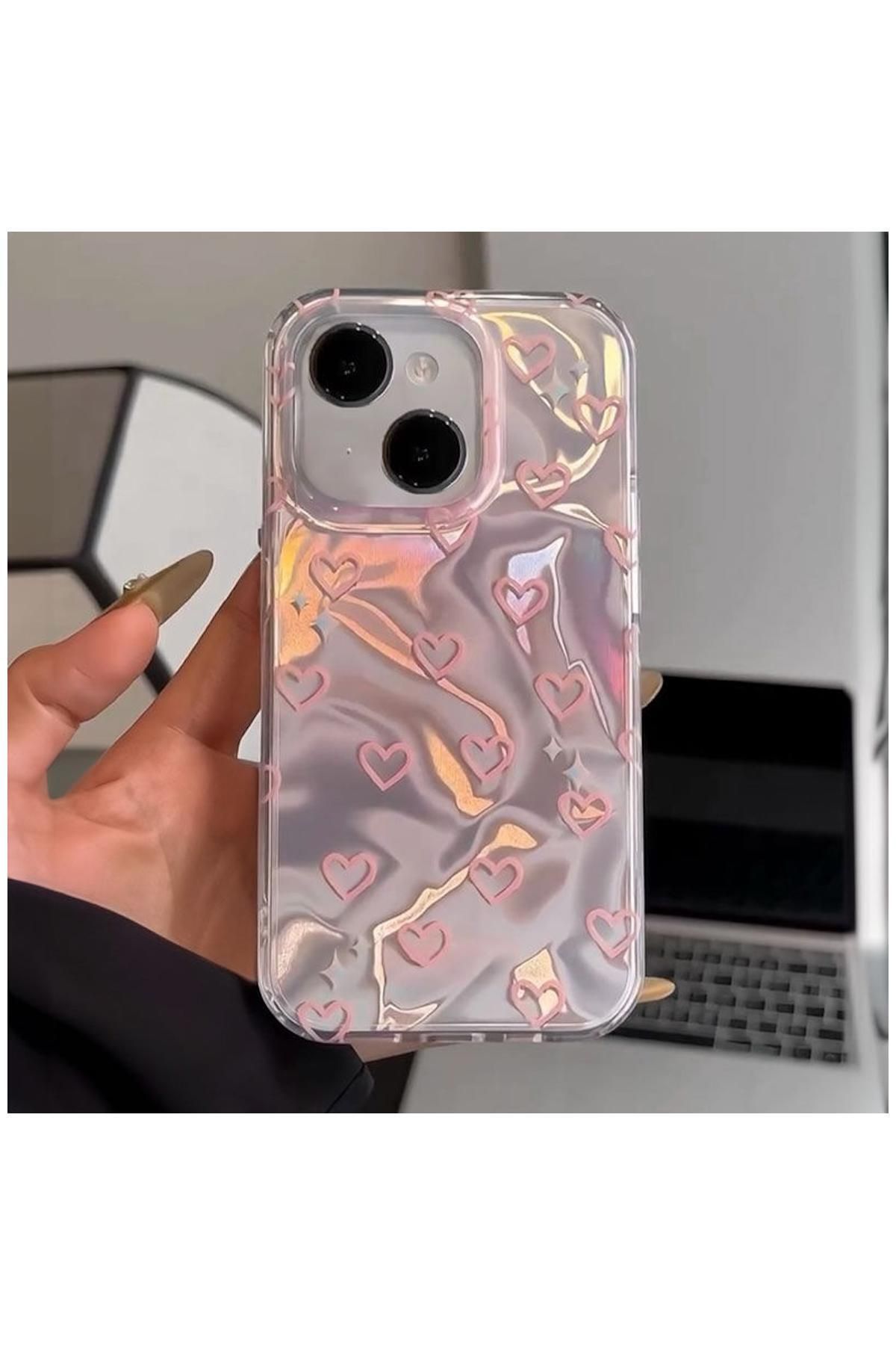 Pro Aksesuar Apple iPhone 14 Uyumlu Kılıf Kalp Desenli Silikon Kılıf Pembe