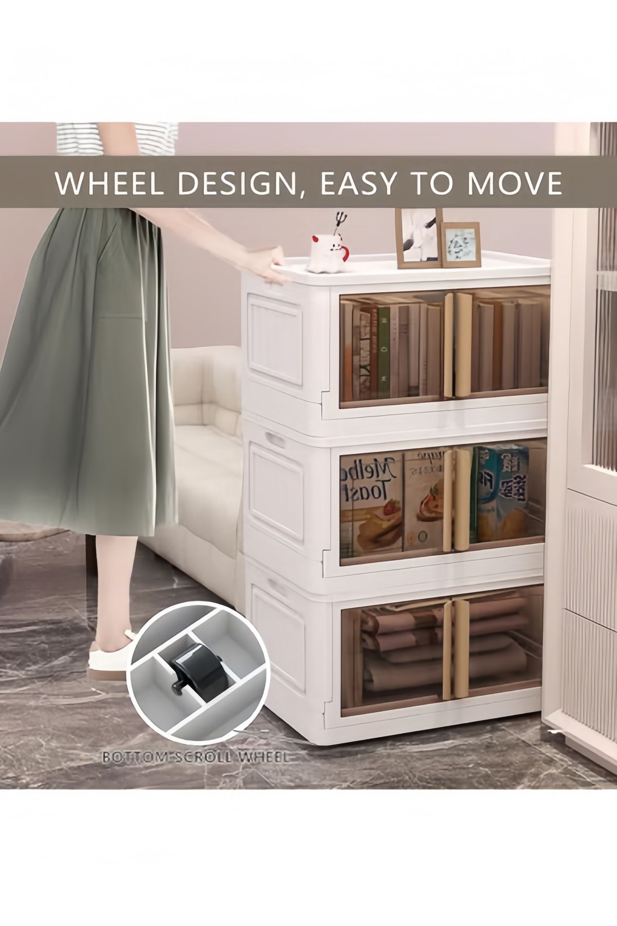 COOYA-5 stackable storage boxes,large capacity,foldable and movable,with wheels,easy to install,white 3