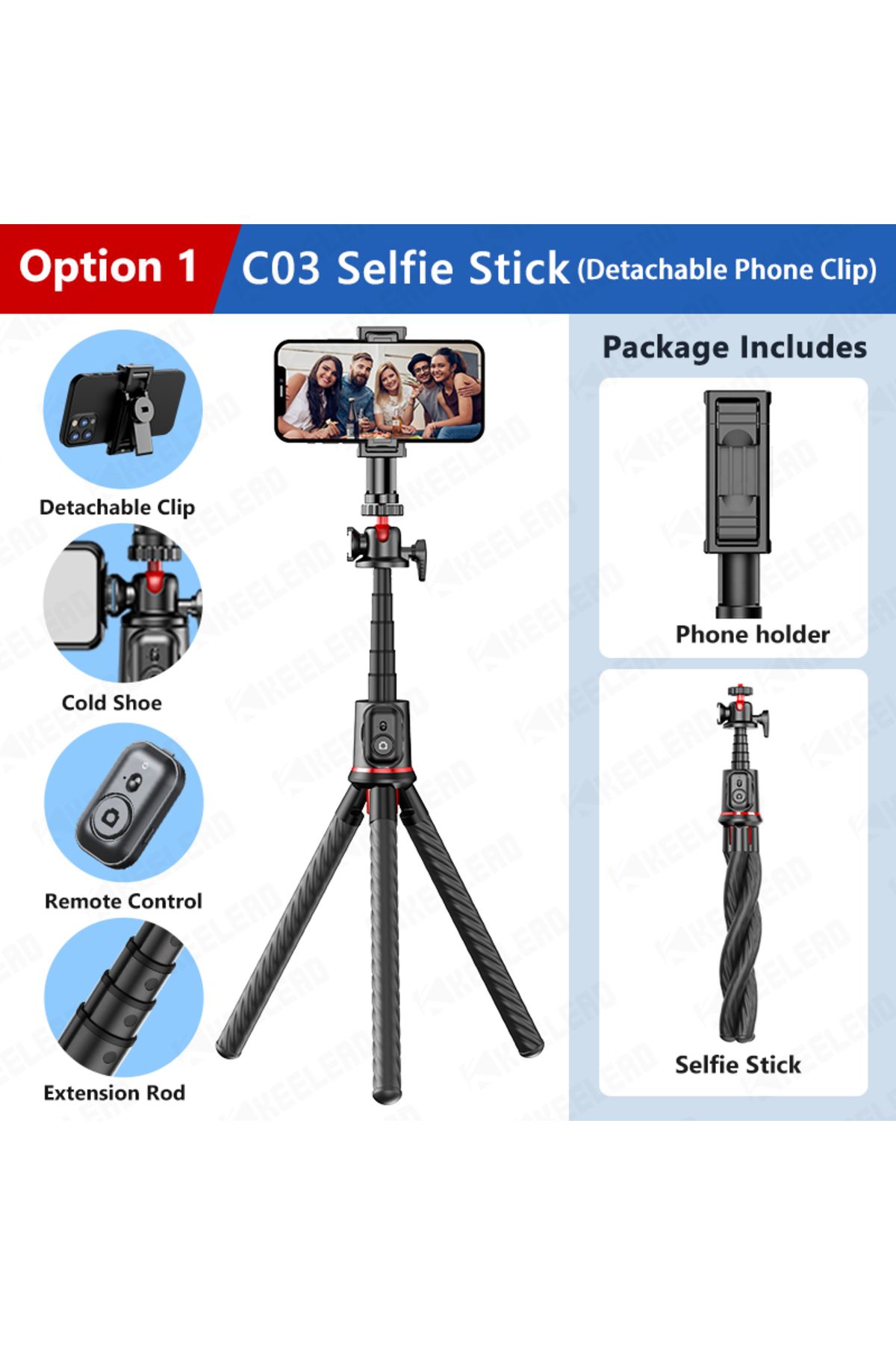 KEELEAD-C03 Wireless Bluetooth Selfie Stick for Smartphone Gopro Tripod for DSLR Camera with Octopus Legs fo 1