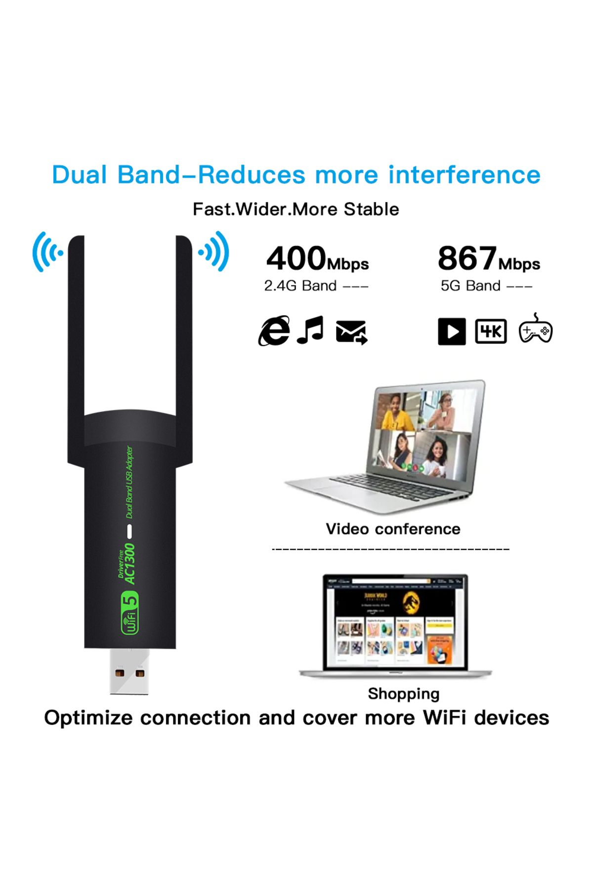 DERAPID-محول واي فاي USB بسرعة 1300 ميجابت في الثانية، نطاق مزدوج 2.4 جيجاهرتز 5 جيجاهرتز، مستقبل إشارة لاسلكي، وضع AP لأجهزة الكمبيوتر الشخصية/الكمبيوتر المحمول... 3
