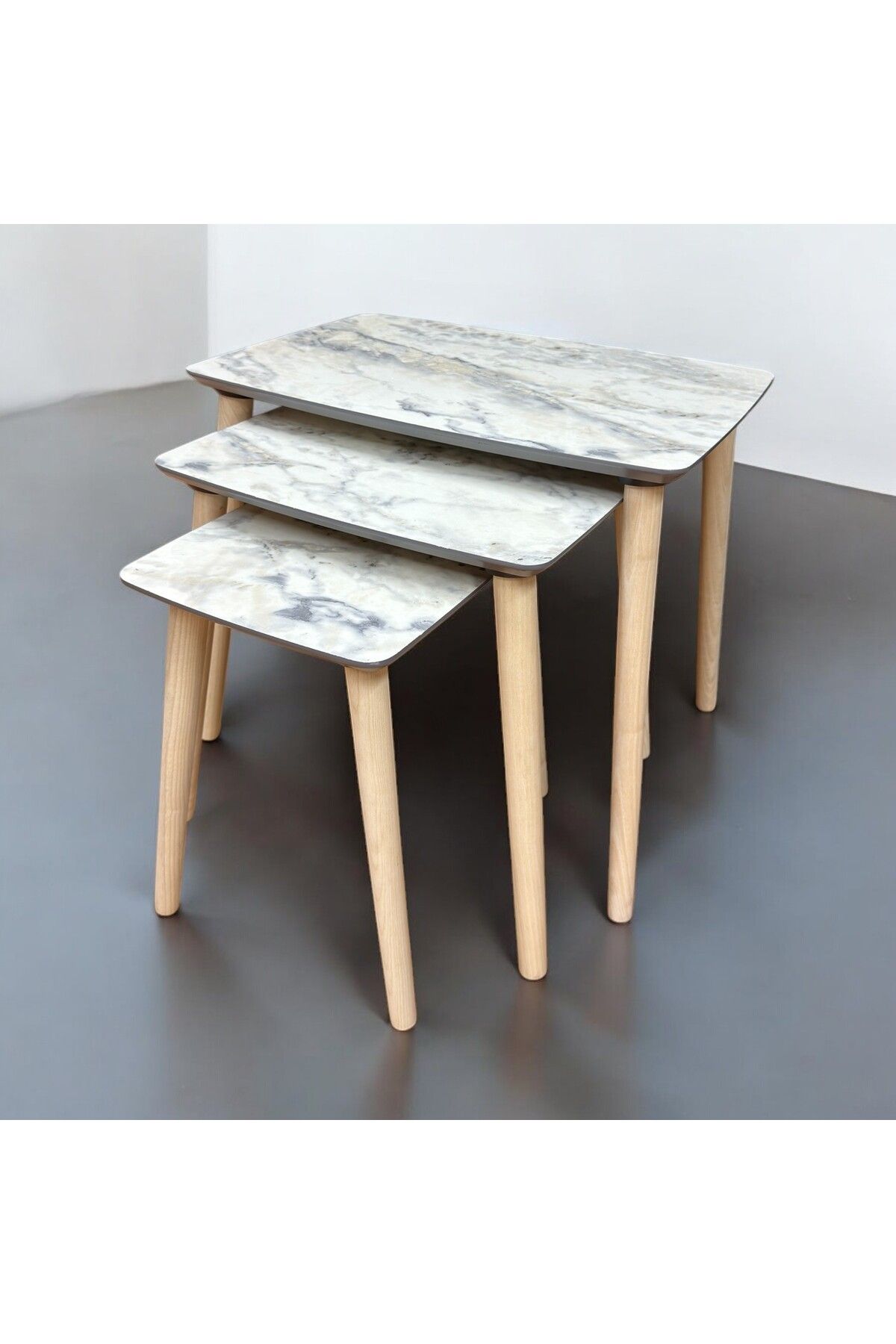3'lü Lak Panel Mermer Desenli Modern Zigon Sehpa Seti Şık ve Fonksiyonel Tasarım