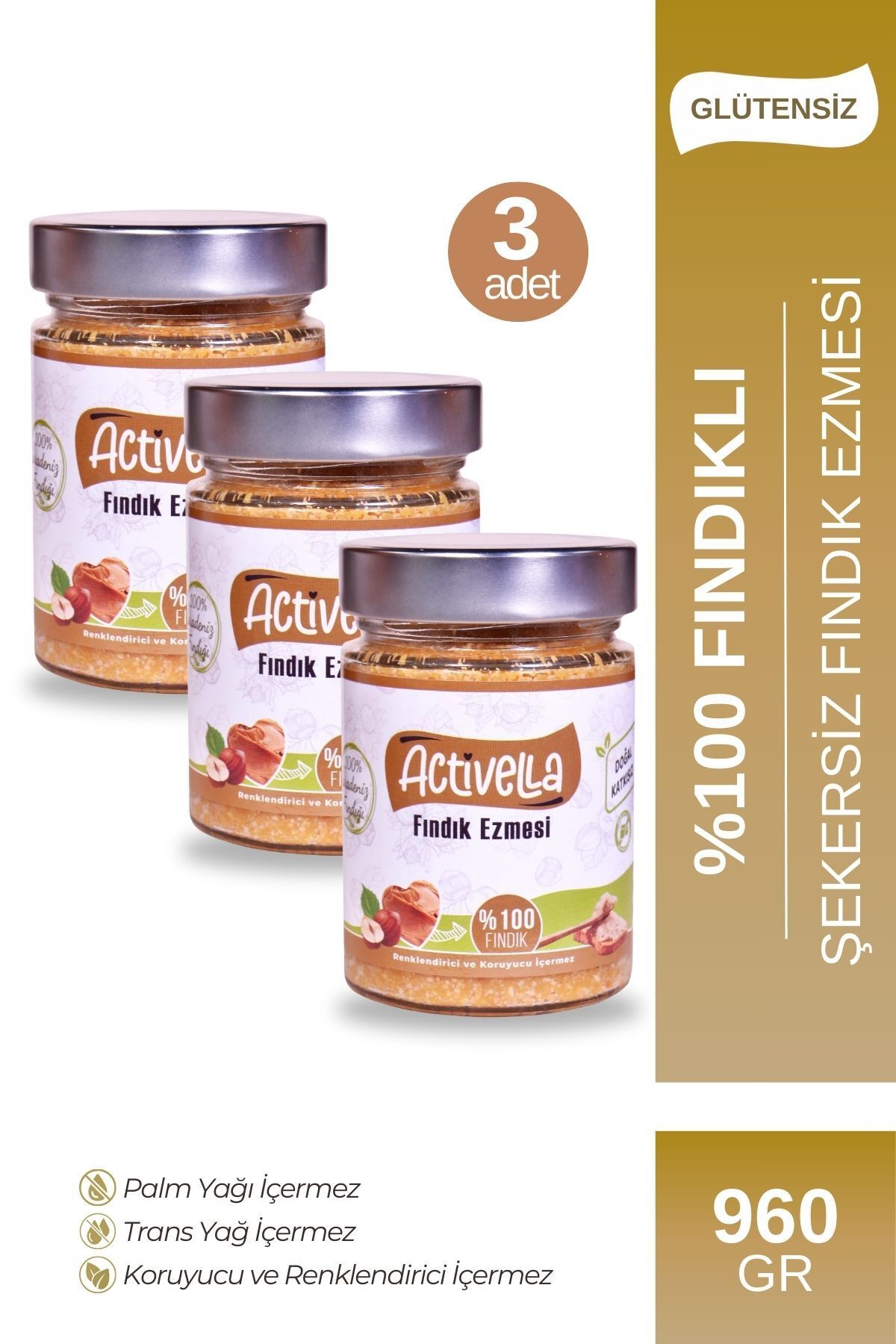 Activella Şekersiz Fındık Ezmesi 320gr %100 Fındıklı X3