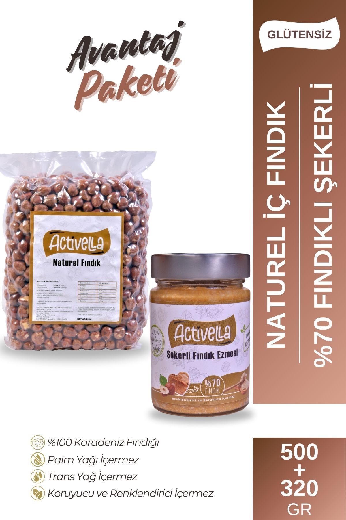 Activella Şekerli Fındık Ezmesi 320gr %70 Fındıklı + Natürel İç Fındık 500gr