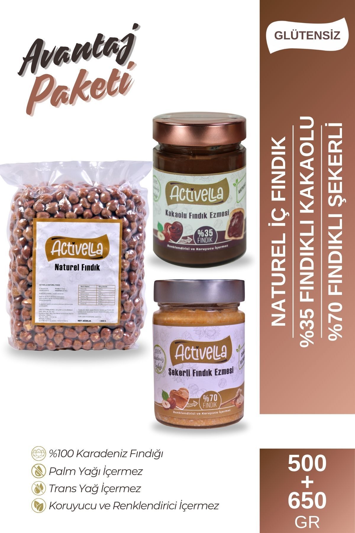 Activella Kakaolu 330gr %35 Fındıklı + Şekerli 320gr %70 Fındıklı + Natürel İç Fındık 500gr