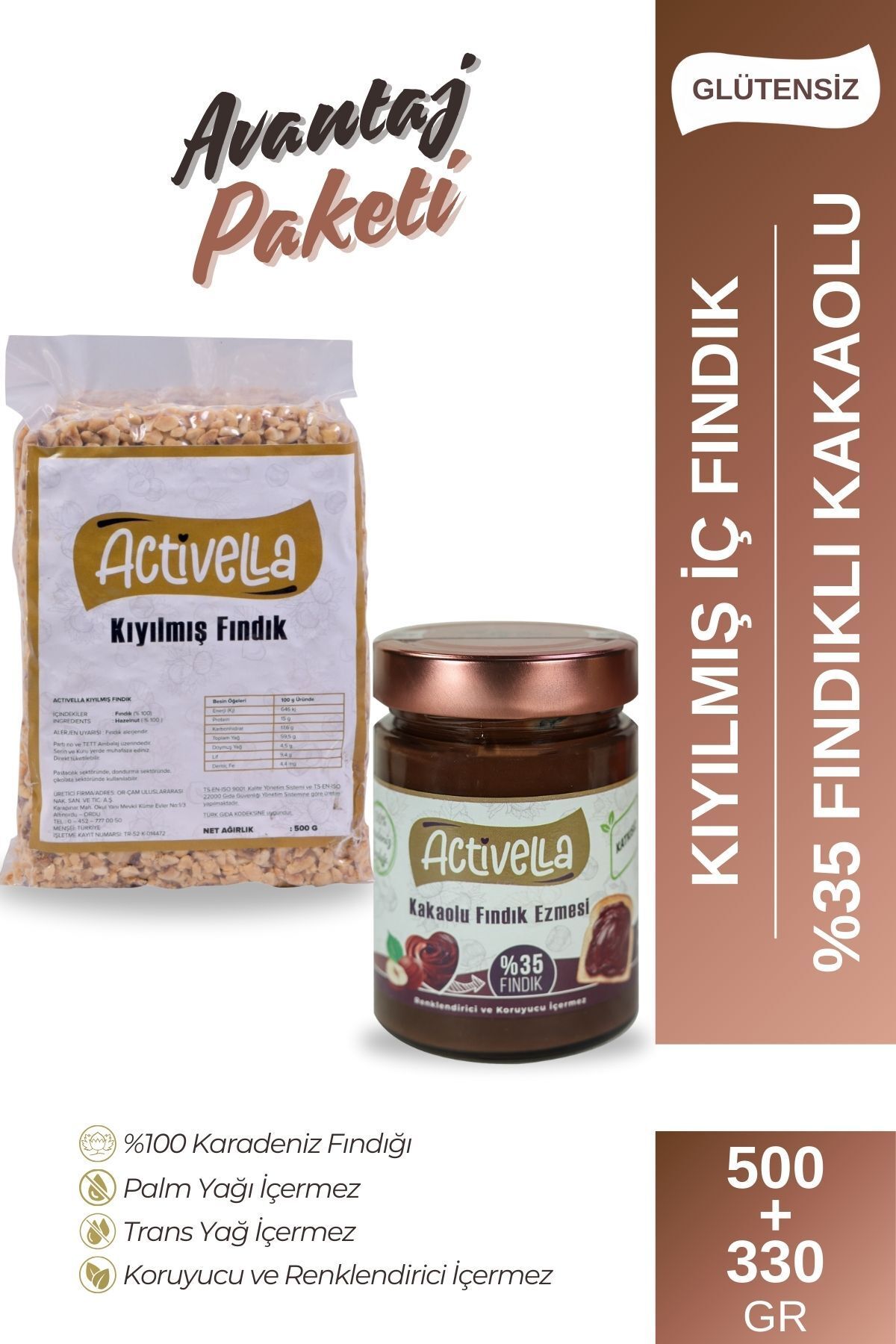 Activella Kakaolu Fındık Ezmesi 330gr %35 Fındıklı + Kıyılmış İç Fındık 500gr