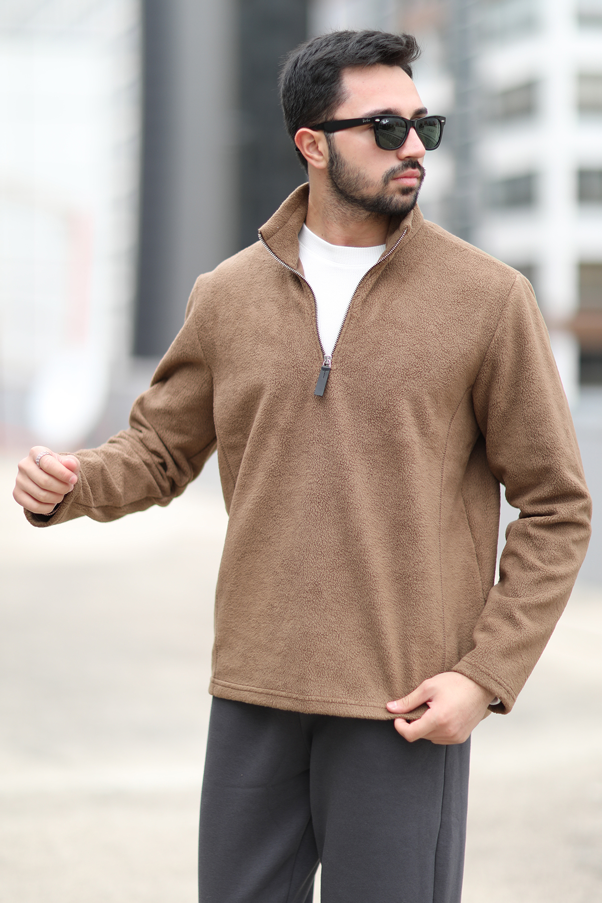 Erkek Kışlık Polarlı Sweatshirt Kahverengi Yarım Fermuarlı Dik Yaka Boğazlı - 6053 — قهوه‌ای 1055-6053 — تصویر 2 از 5