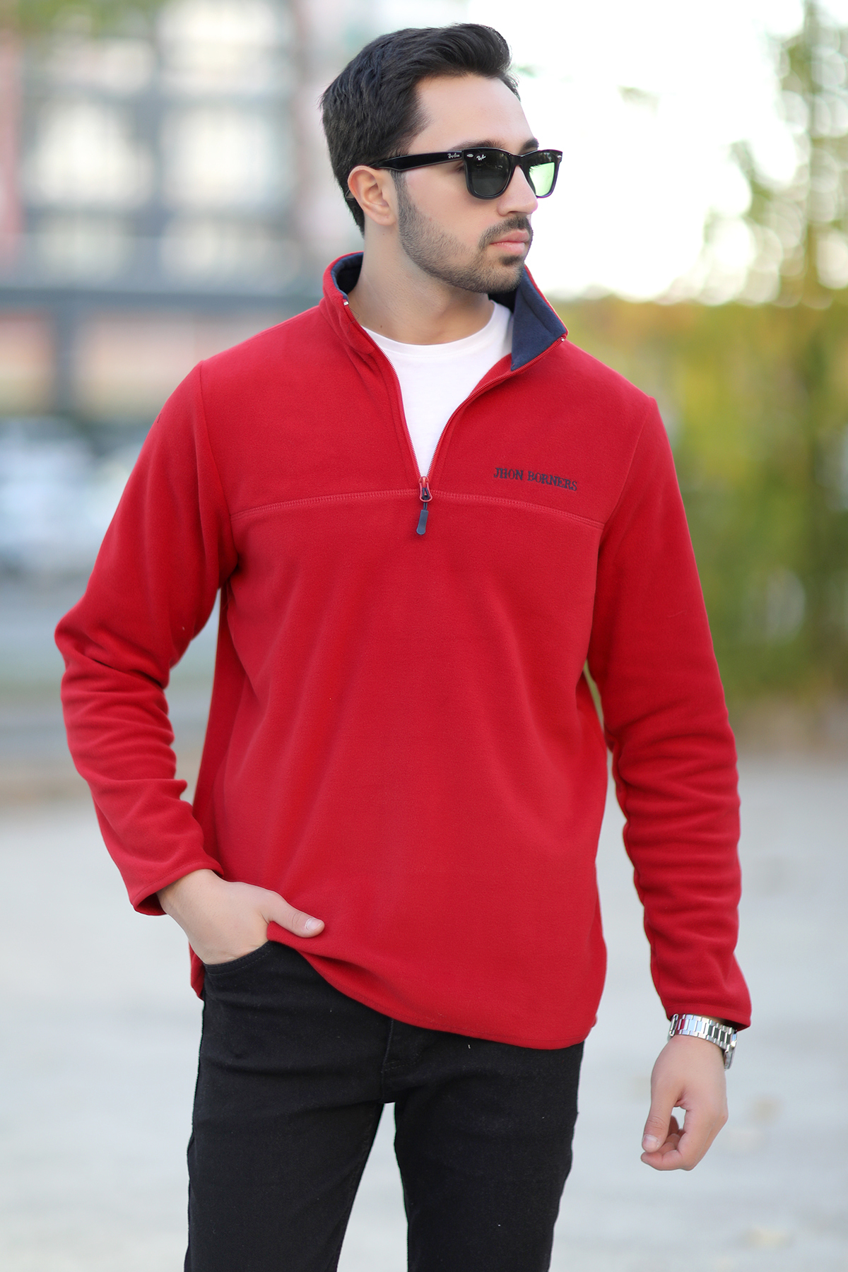 کاپشن پشمی مردانه یقه ایستاده، قرمز، نیم زیپ، گلدوزی شده، فرم معمولی - 6001 — زرشکی 422611441 — تصویر 3 از 6