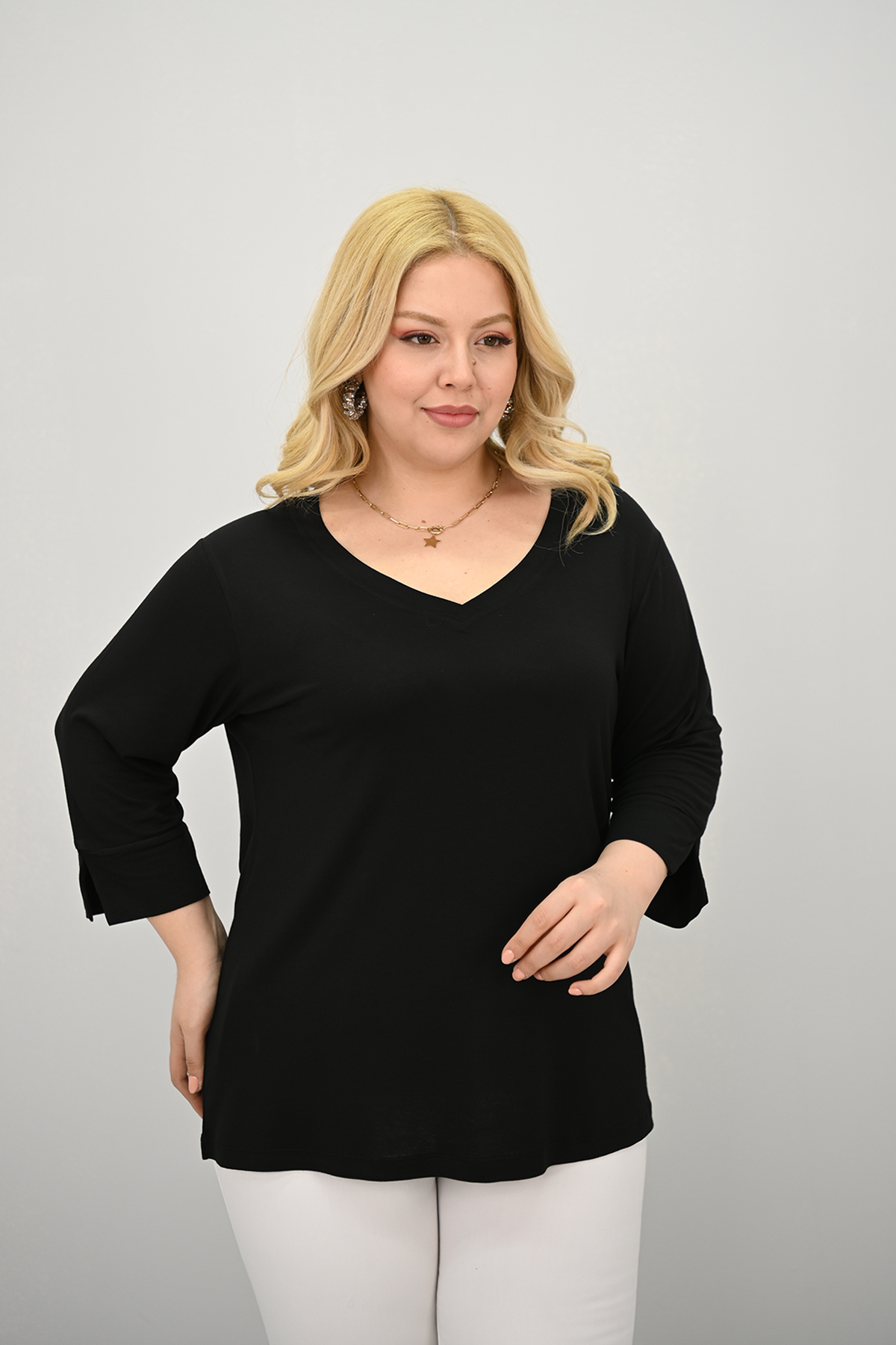 Koza Butik  Kadın Büyük Beden Bantlı V yaka Bluz 1919-25 - Görsel 7