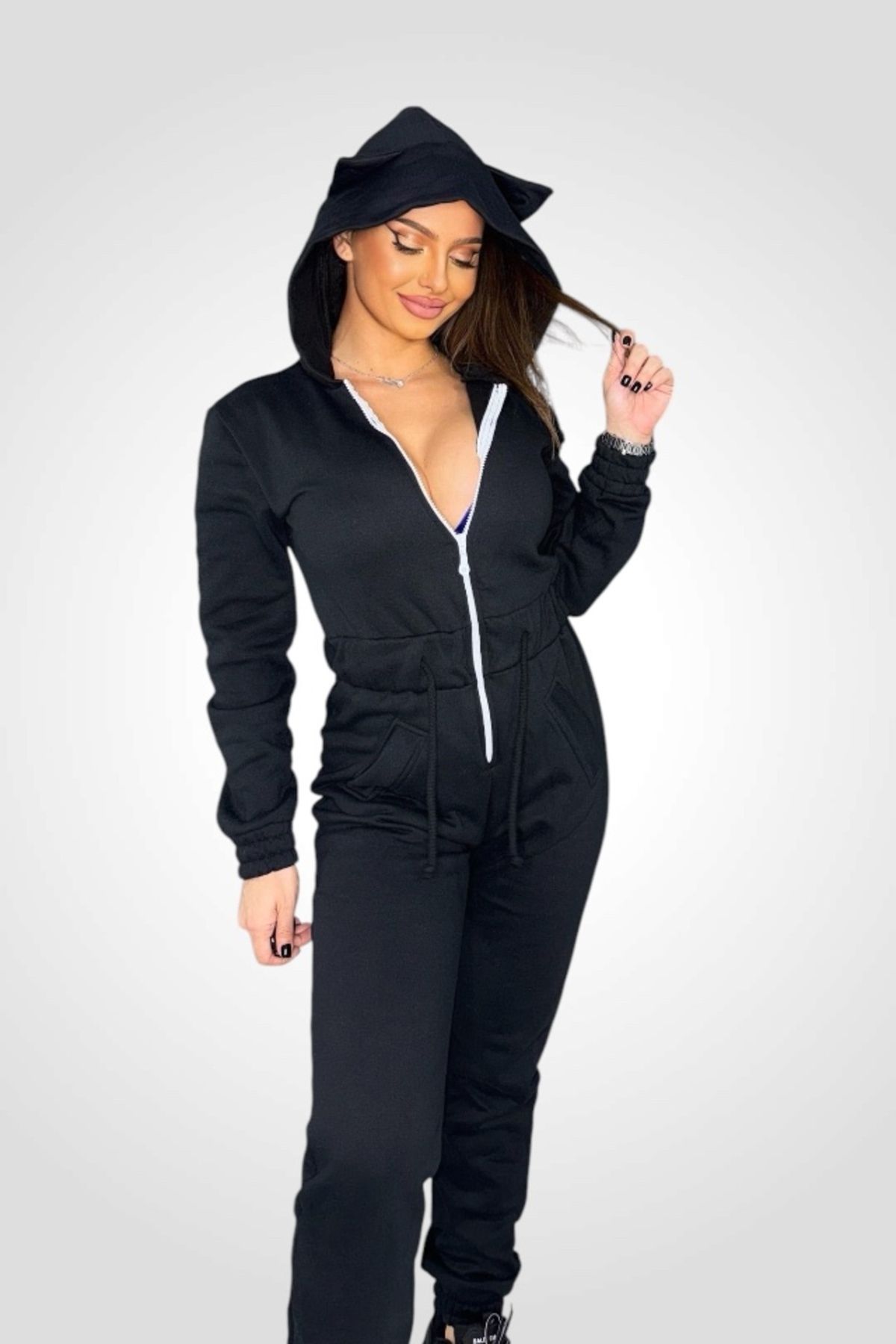 BOMBFIT-Thick jumpsuit, with hood and drawstring at the waist, Kitty, Black 1