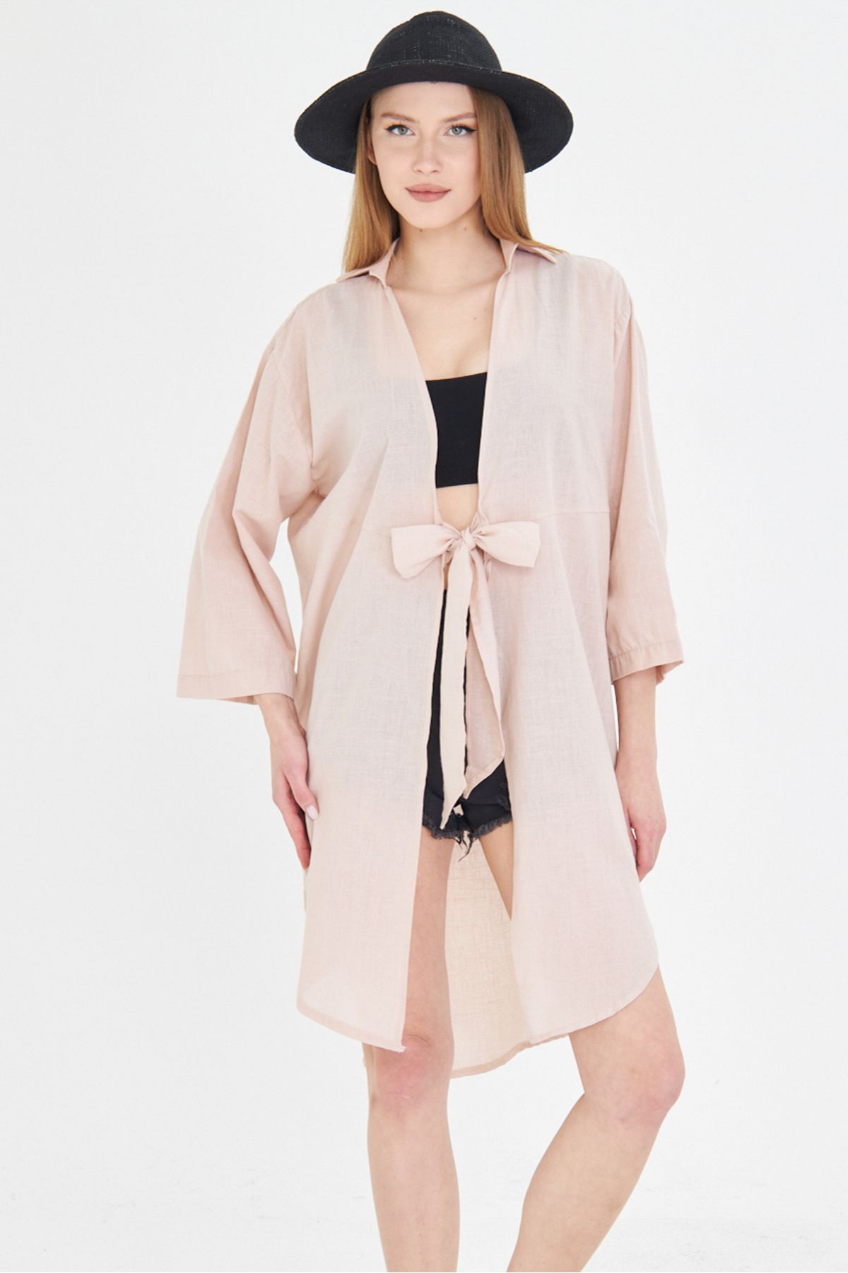 armonika Kadın Bej Önden Bağlamalı İnce Keten Kumaş Midi Boy Kimono Gömlek ARM-24Y001081