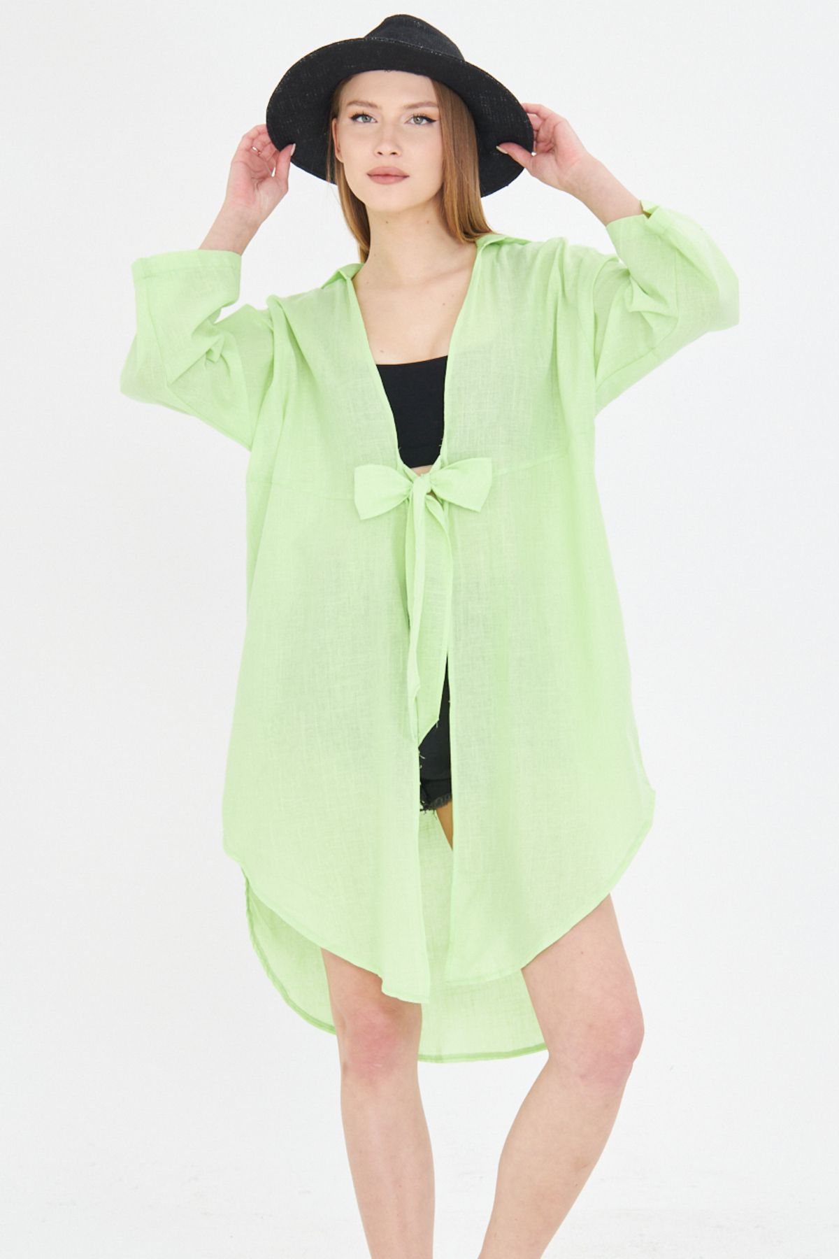 armonika Kadın Neon Yeşil Önden Bağlamalı İnce Keten Kumaş Midi Boy Kimono Gömlek ARM-24Y001081