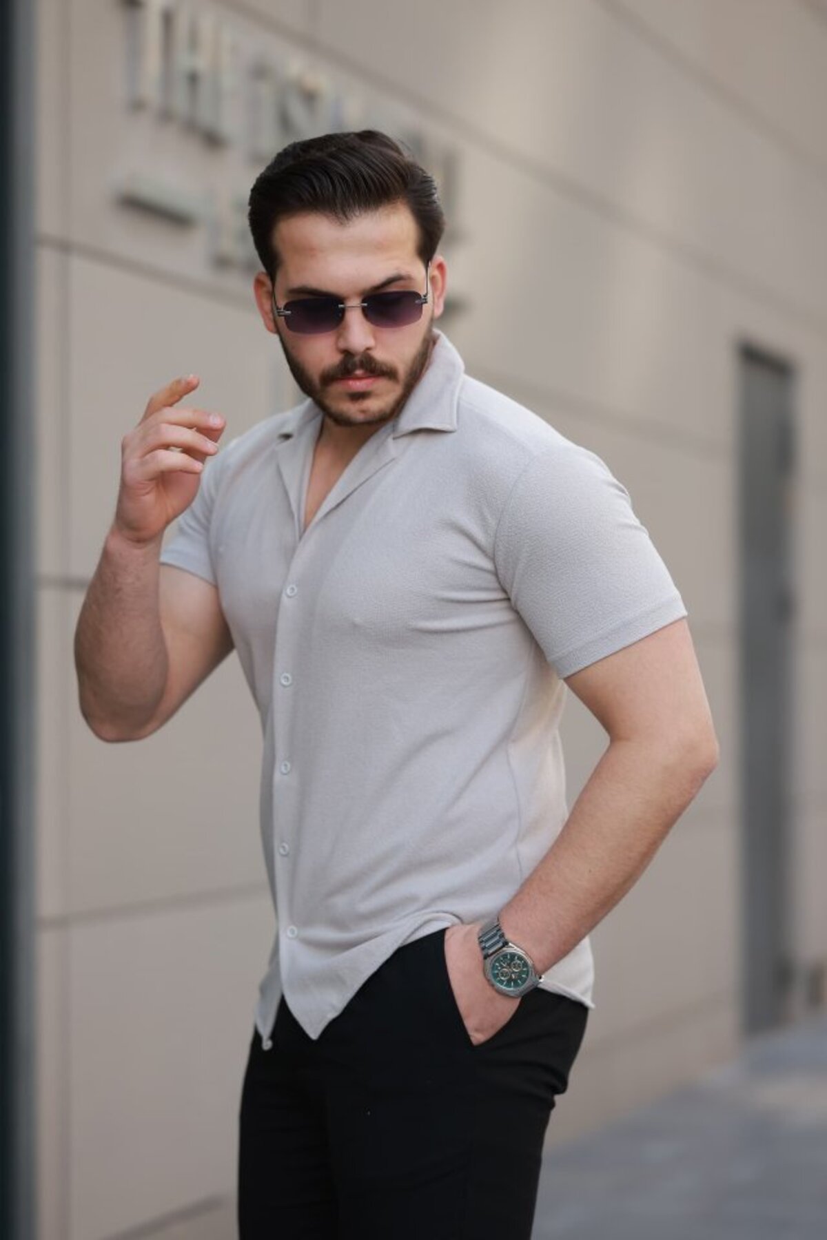 GETFAY Erkek Kısa Kollu örme Kumaş Pamuklu Gömlek 5359a-Antrasit fotoğrafı 2 (önizleme)