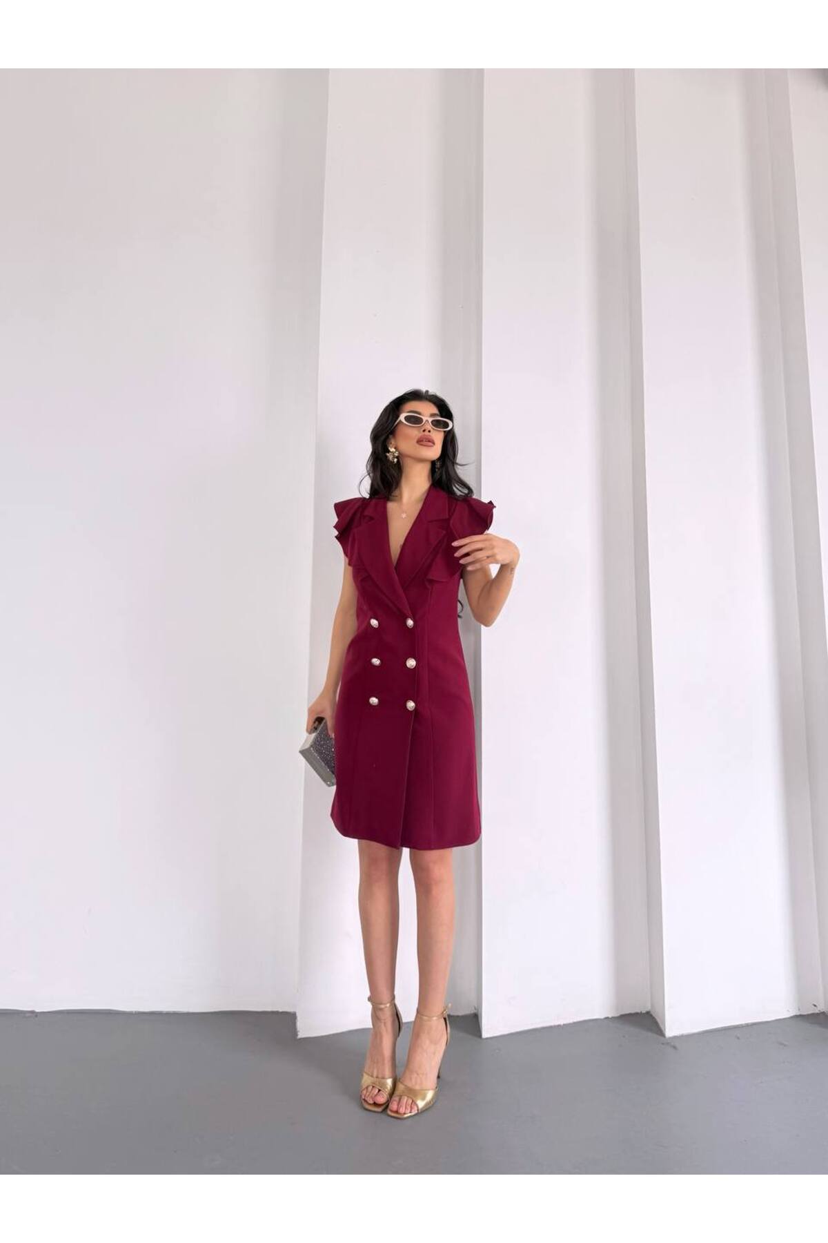 Fırfır Yaka Ceket Elbise Bordo - Görsel 5