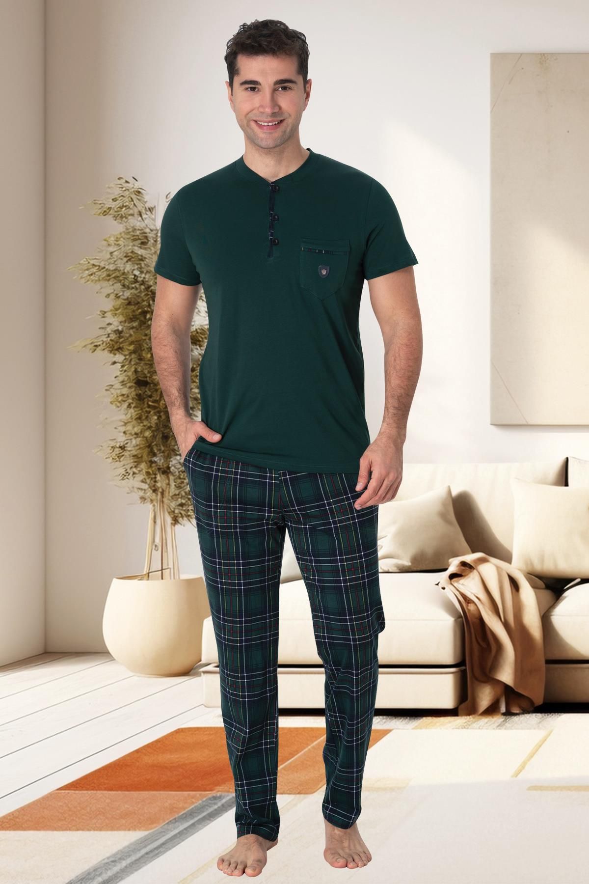 Mecit Pijama-طقم بيجامة رجالي مقاس كبير مكون من 3 قطع من القطن بنسبة 100% منقوش باللون الأخضر من Mecit 2901 2