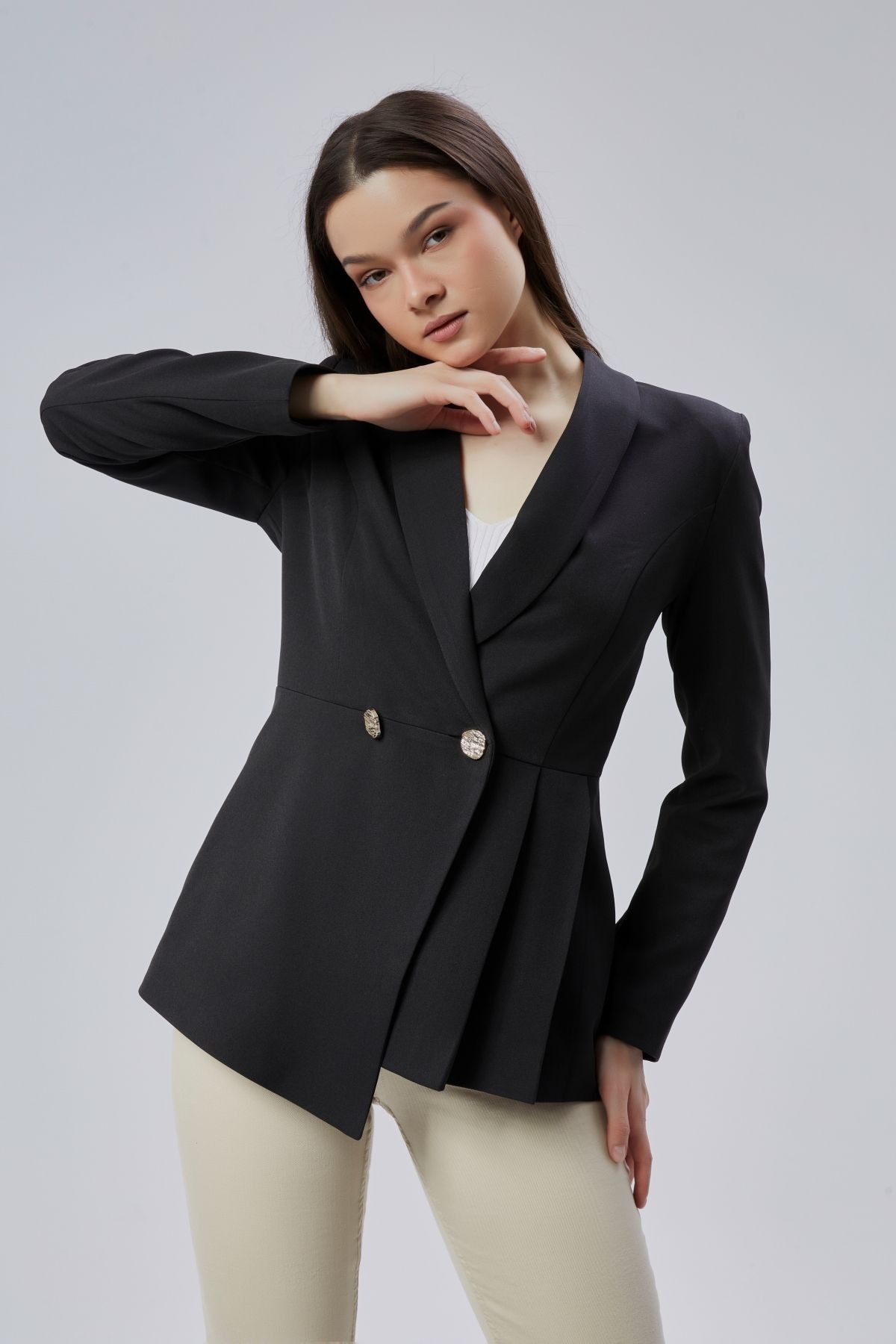 Bolivente Siyah Regular Fit Pile Detaylı Blazer Ceket