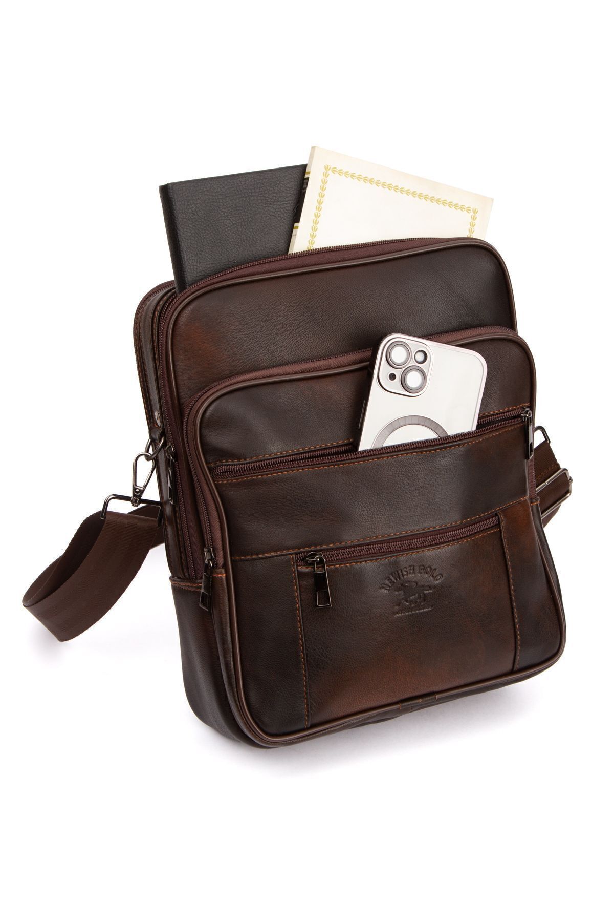 CERFF LEATHER CLUP  Kahverengi Dikey Model Hakiki Deri & Çelik Kasalı Battal Boy El & Omuz Çantası - Görsel 6