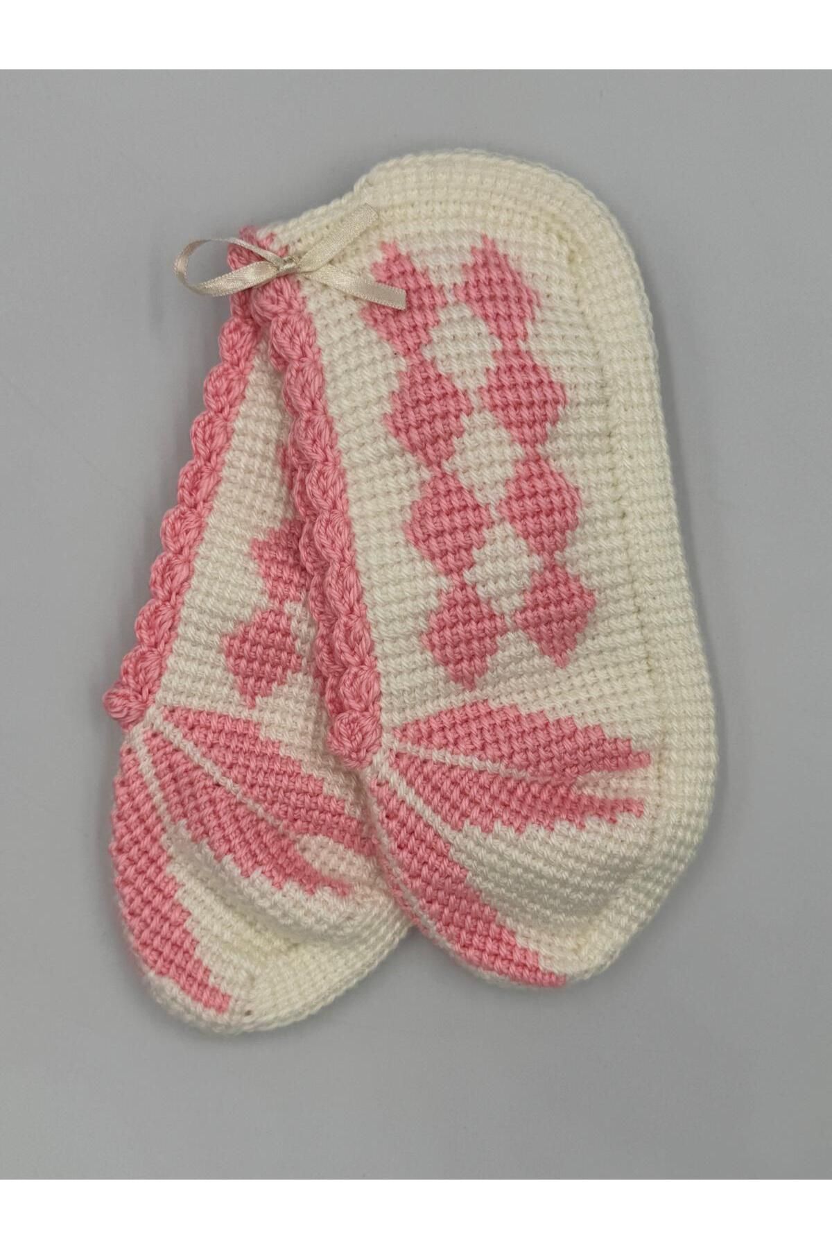 Şatilli Handmade Patik Tunus işi patik el örgüsü patik beyaz-pembe çeyizlik el emeği patik hediyelik çeyizlik patik