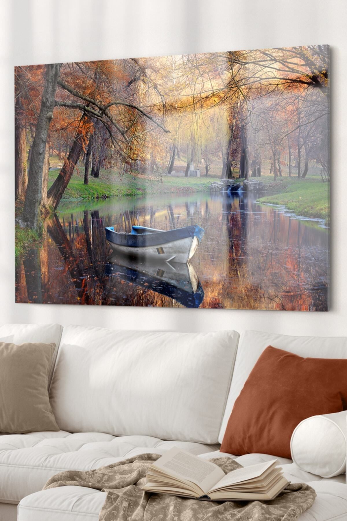 First Date Sonbahar Orman Ve Kayık | Doğa Temalı Cam Tablo | 50x70 Cm