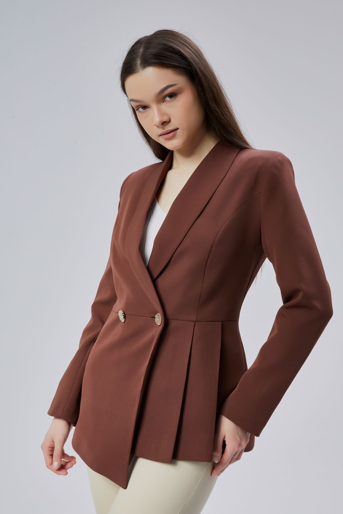 Bolivente Kahverengi Regular Fit Pile Detaylı Blazer Ceket