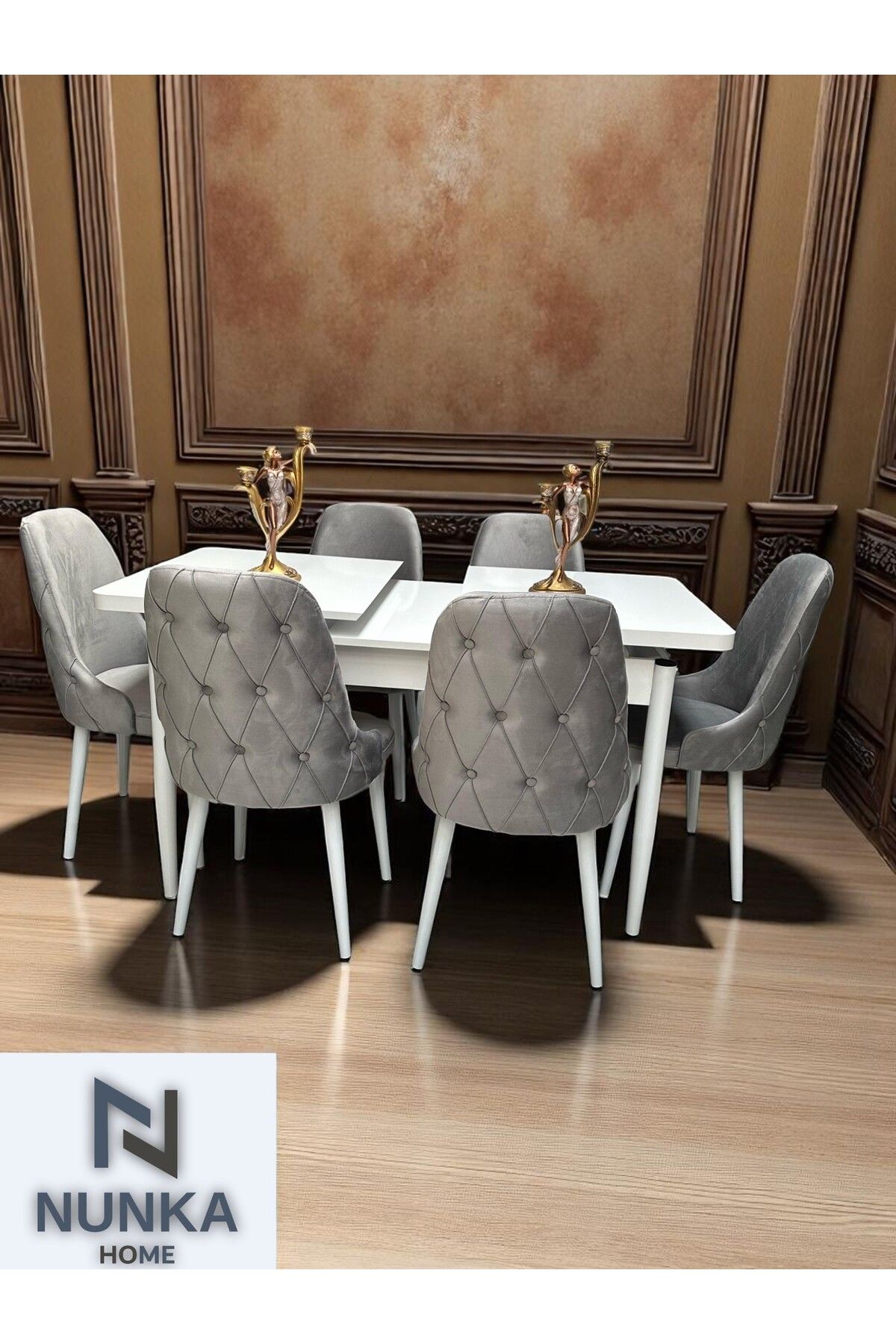 NUNKA HOME Silinebilir Baby Face Kumaş Sandalyeli Masa Takımı 6 lı Açık Gri + Kelebek Masa