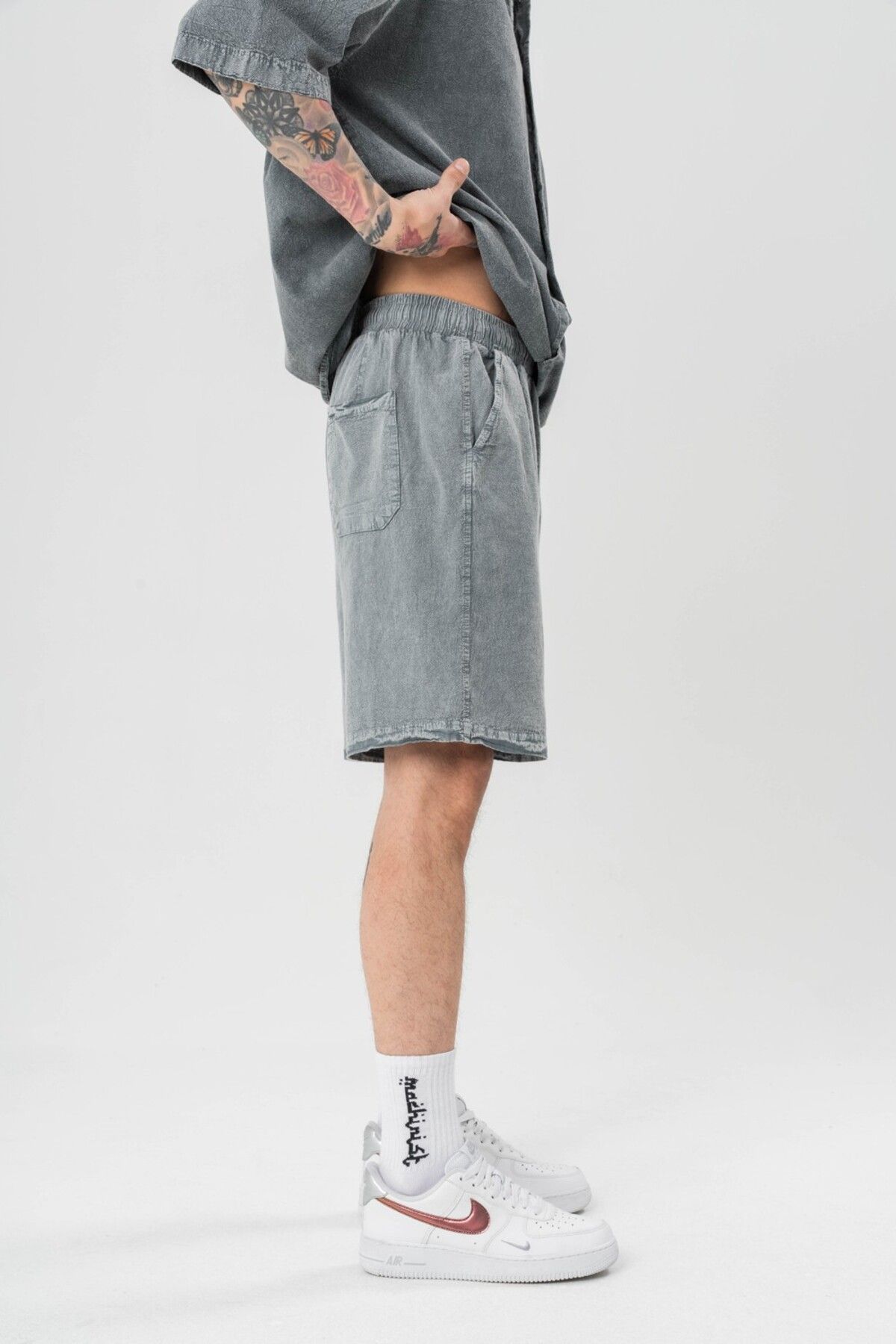 go gang own-Low Wash Waist Elastic Washed Linen Shorts 3