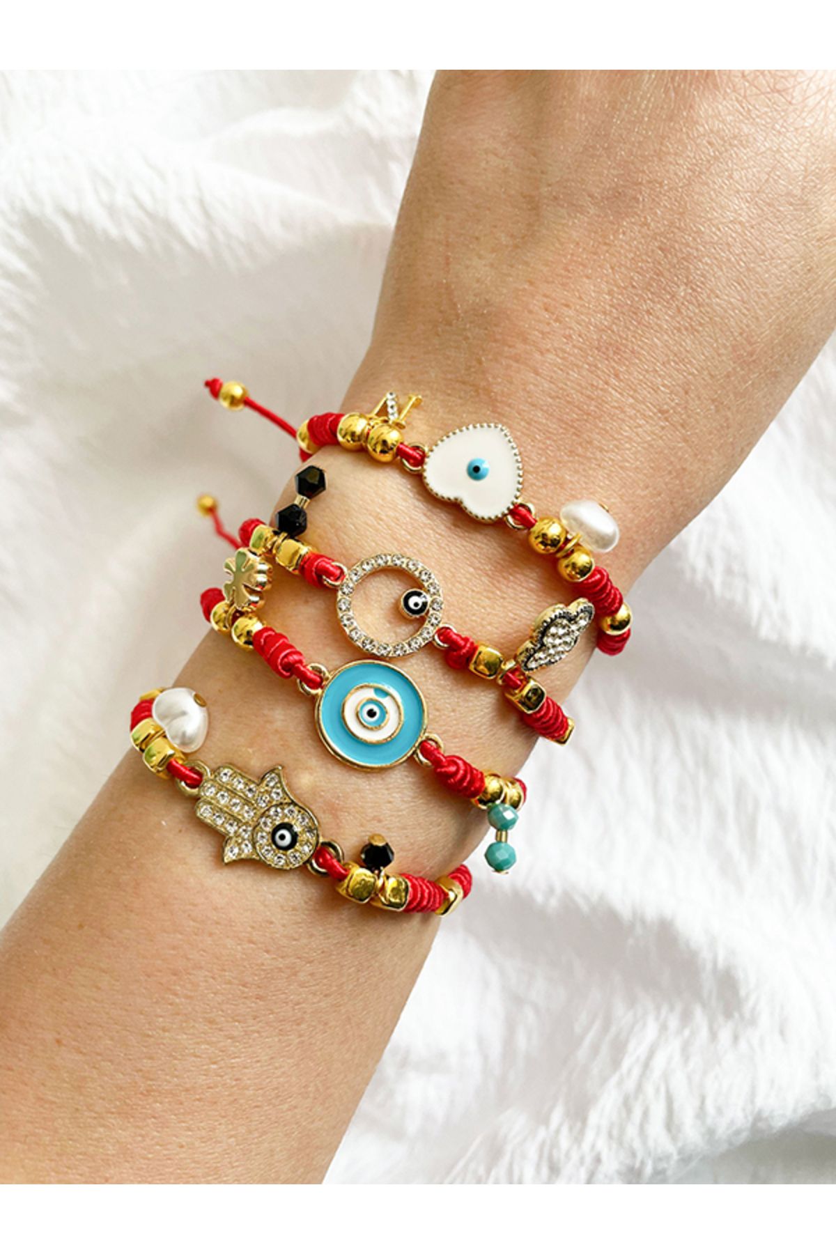 NevoAccessory-Red Rope Adjustable Bracelet with Blue Evil Eye Beads 2