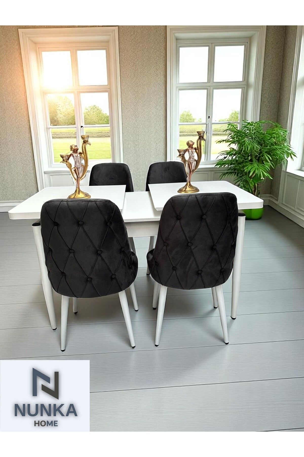 NUNKA HOME Füme Renk Baby Face Kumaş 4 Sandalye + Kelebek Masa Takımı Modern & Kullanışlı