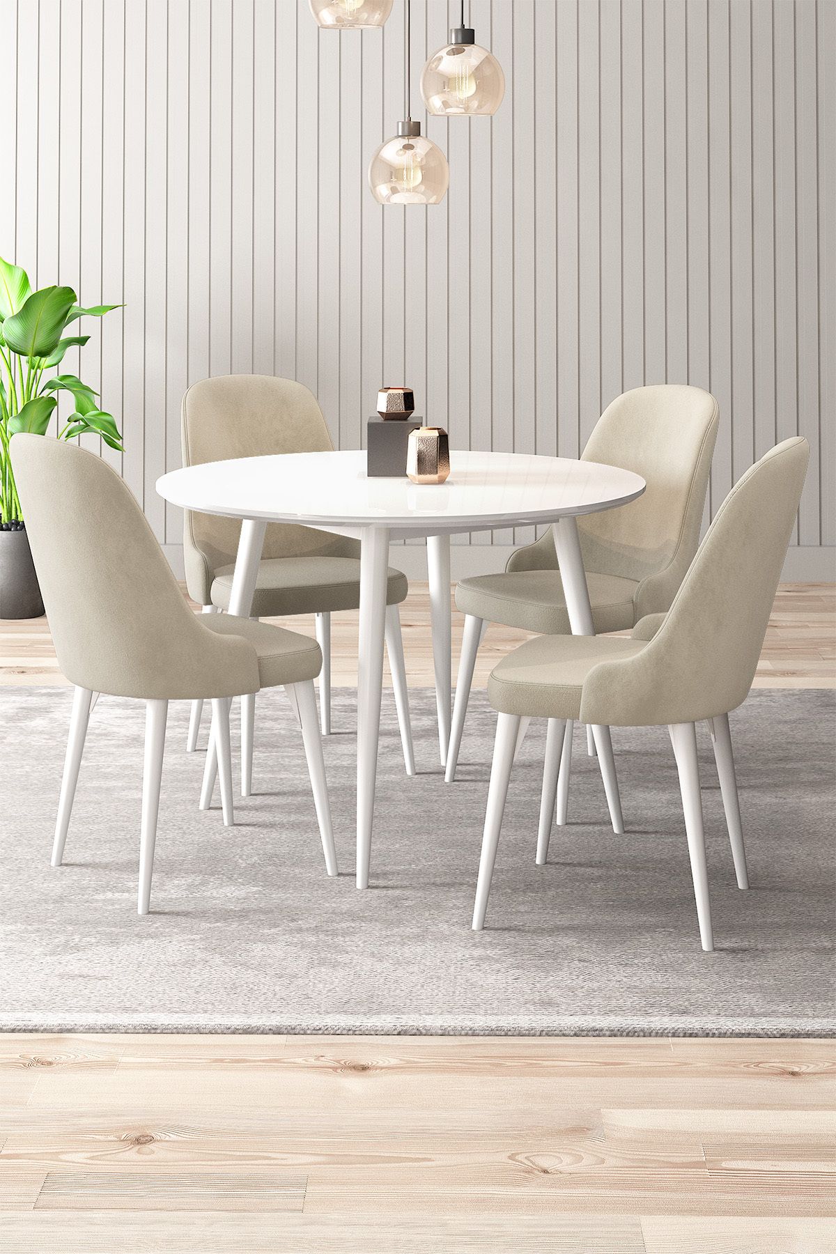 asaella mobilya Adel 4 Sandalyeli Yuvarlak 90x90 Beyaz Ahşap Ayak MDF Mutfak Yemek Masası Takımı