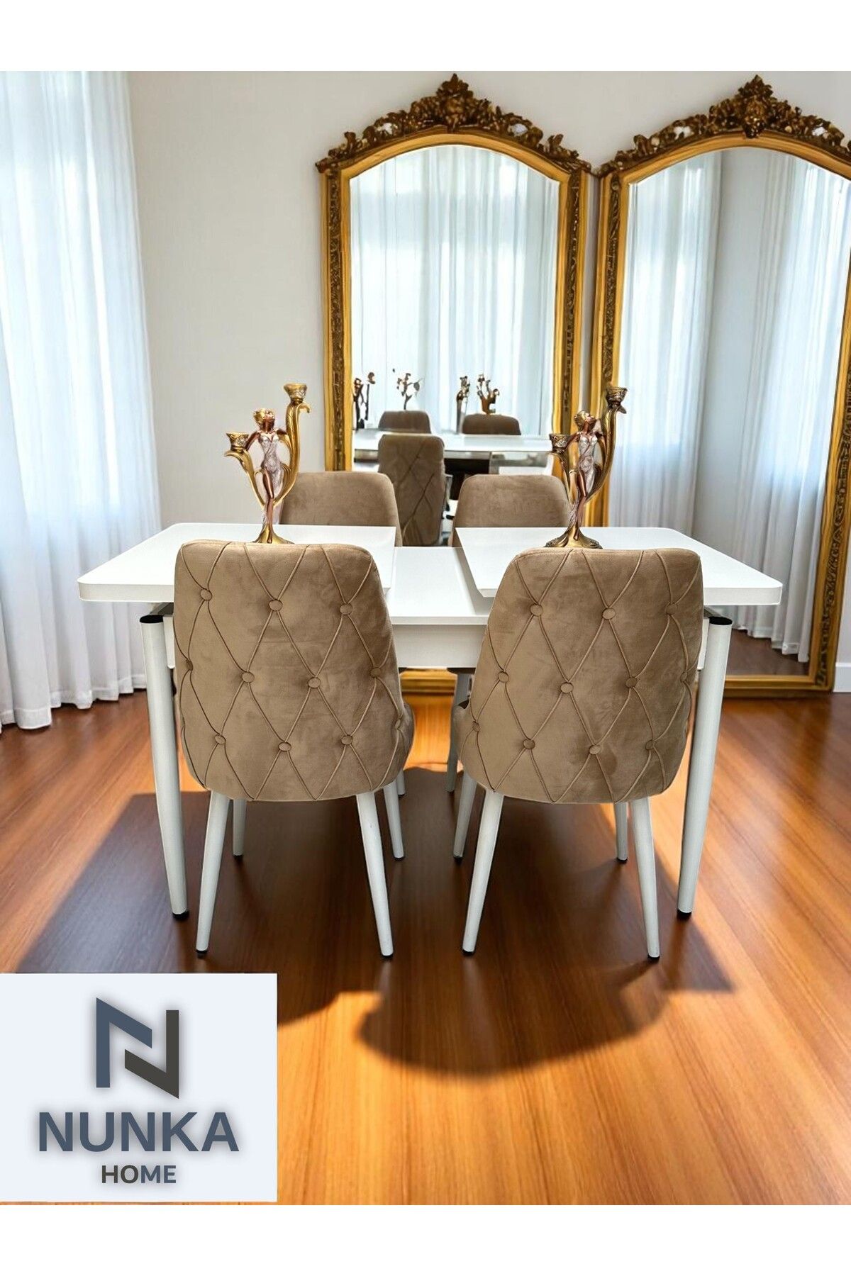 NUNKA HOME Kelebek Masa + 4'LüSandalye Takımı Cappuccino Baby Face Kumaş, Modern Şıklık
