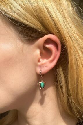 Spossy Silver Jewelry 925 Ayar Gümüş, Rose, Yeşil Malakit Taşlı Kaplumbağa Küpe
