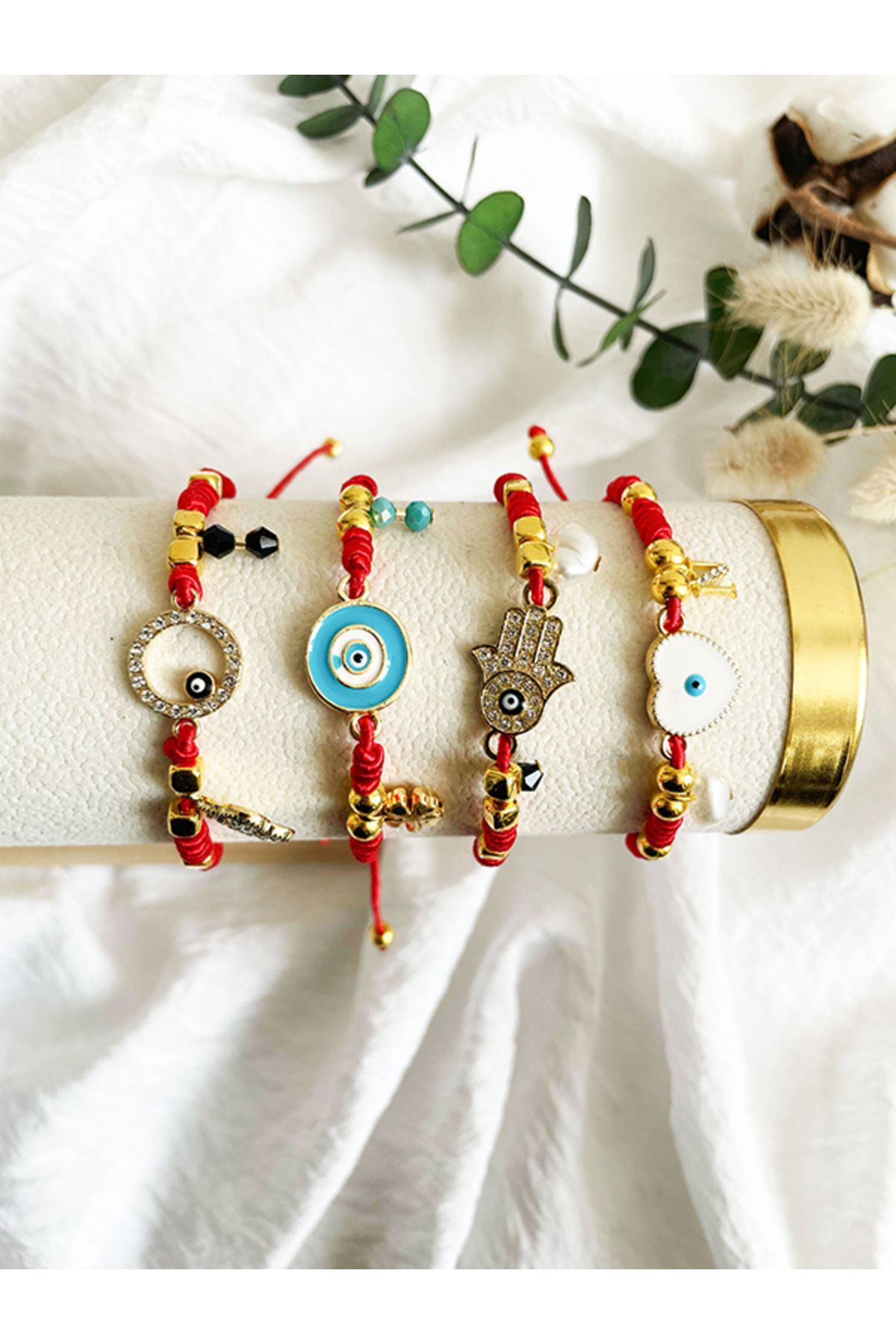 NevoAccessory-Red Rope Adjustable Bracelet with Blue Evil Eye Beads 3