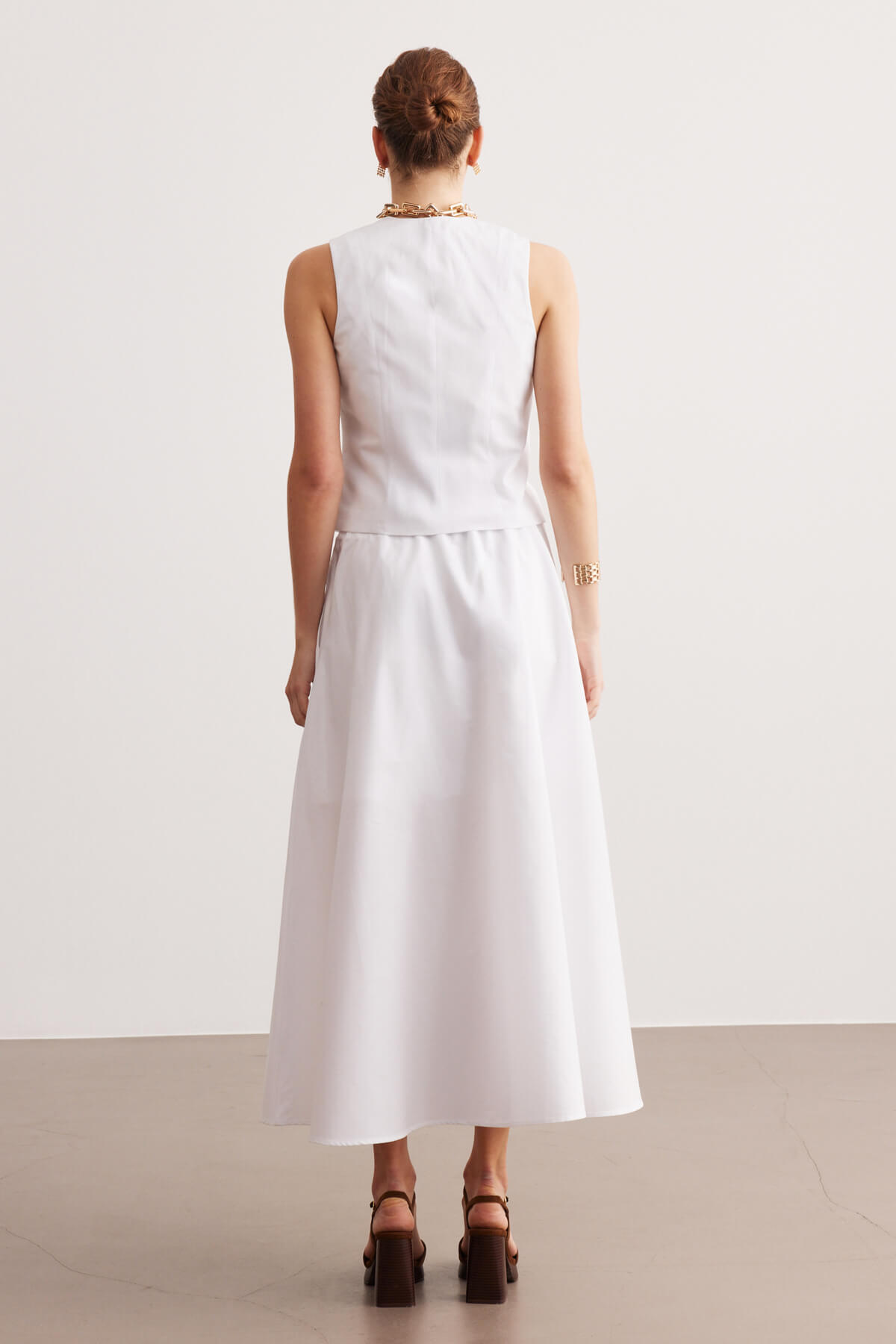 STELLA PULVIS  Beyaz Poplin Beli Lastikli Astarlı Midi Etek - Görsel 7