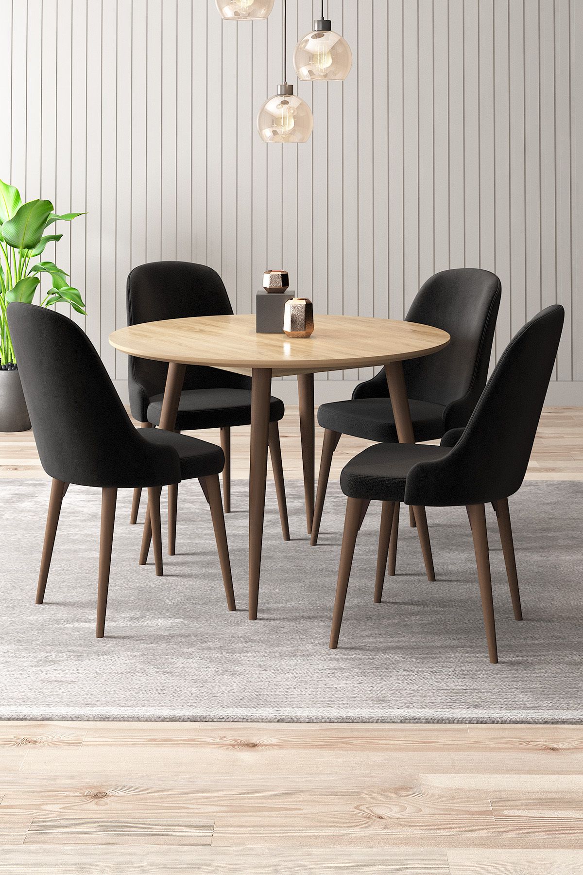 asaella mobilya Adel 4 Sandalyeli Yuvarlak 90x90 Ceviz Ahşap Ayak MDF Mutfak Yemek Masası Takımı