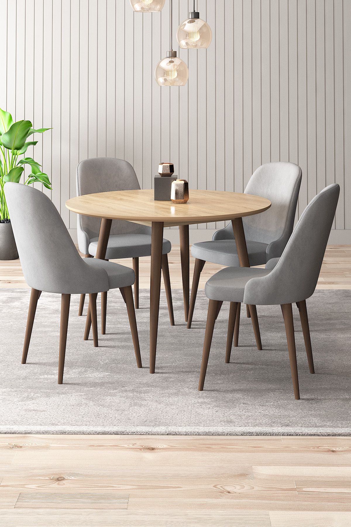 asaella mobilya Adel 4 Sandalyeli Yuvarlak 90x90 Ceviz Ahşap Ayak MDF Mutfak Yemek Masası Takımı