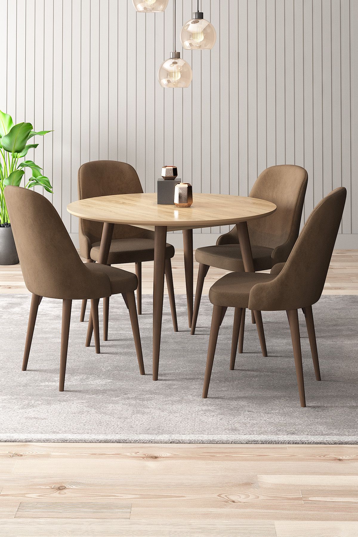asaella mobilya Adel 4 Sandalyeli Yuvarlak 90x90 Ceviz Ahşap Ayak MDF Mutfak Yemek Masası Takımı
