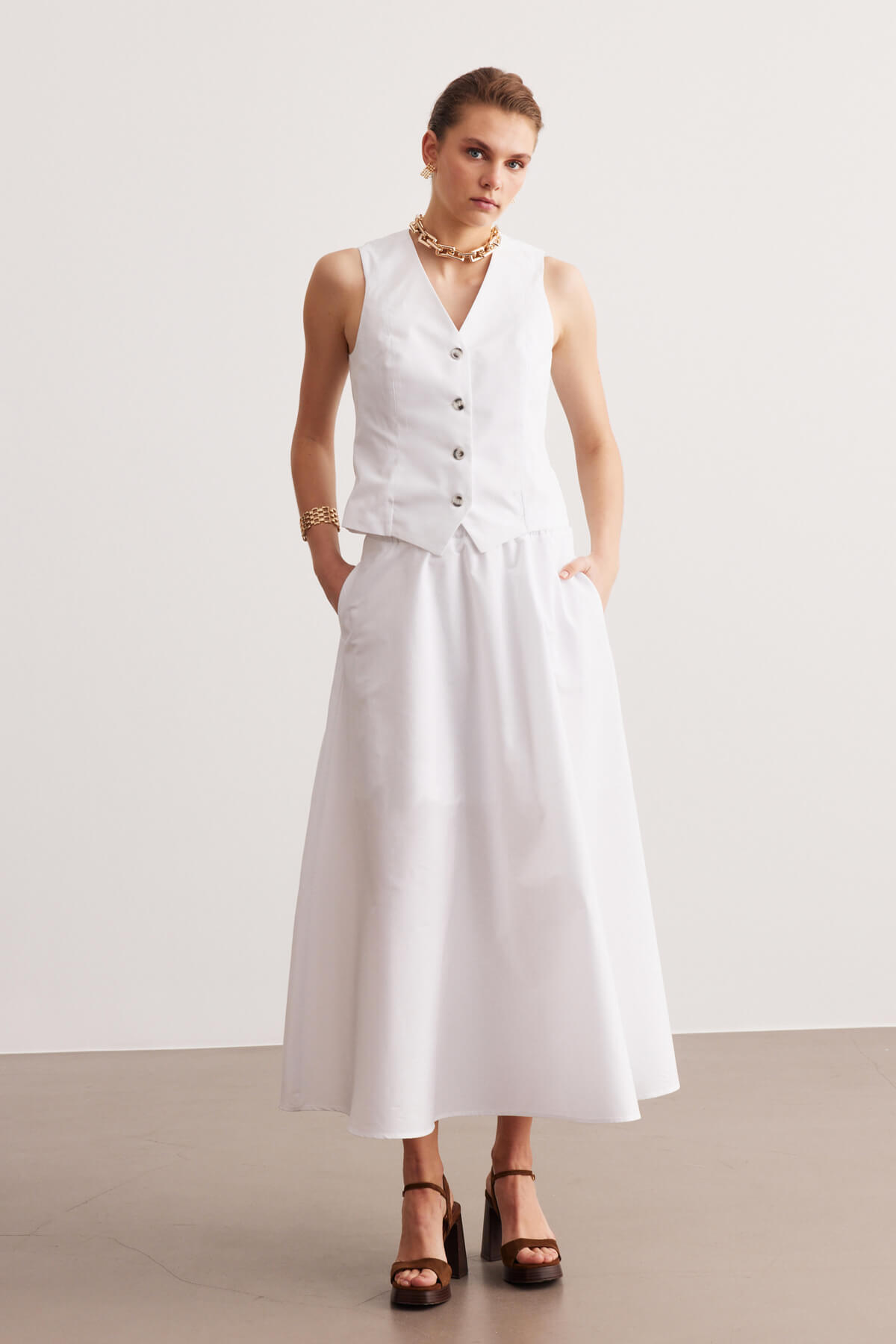 STELLA PULVIS  Beyaz Poplin Beli Lastikli Astarlı Midi Etek - Görsel 6