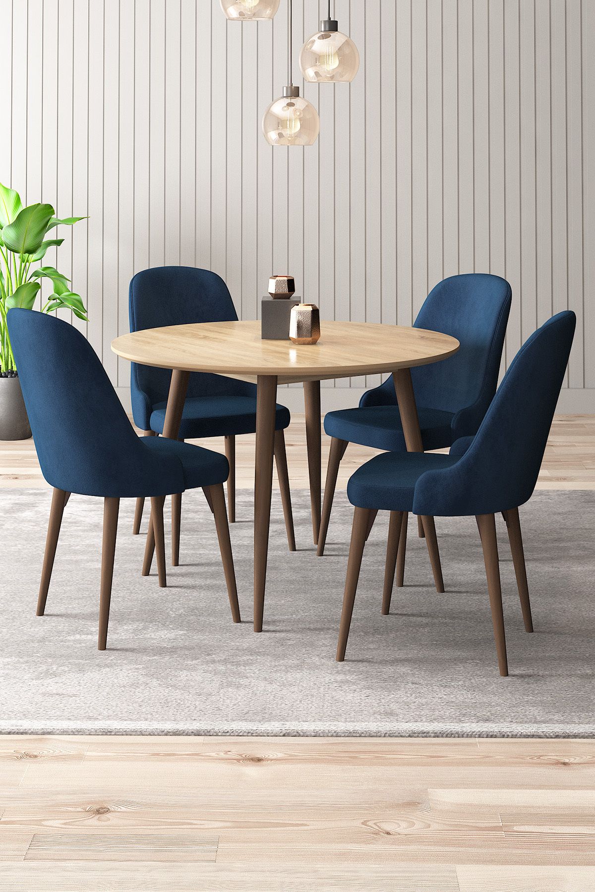 asaella mobilya Silvia 4 Sandalyeli Yuvarlak 90x90 Ceviz Ahşap Ayak MDF Mutfak Yemek Masası Takımı
