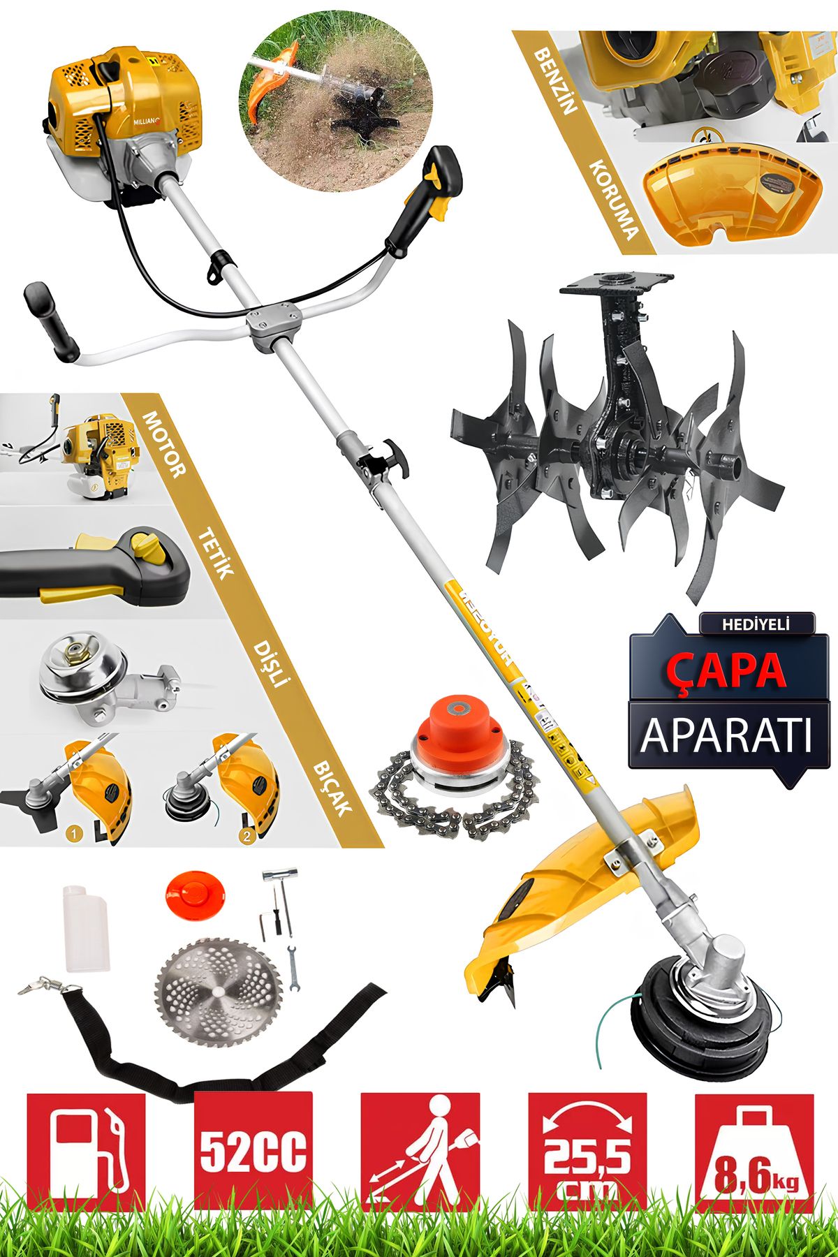 Millian 11.5 Hp Yan Tipi Benzinli Motorlu Tırpan Çapa Aparatı Hediyeli Ot Çalı Çim Biçme Çapalama Makinesi