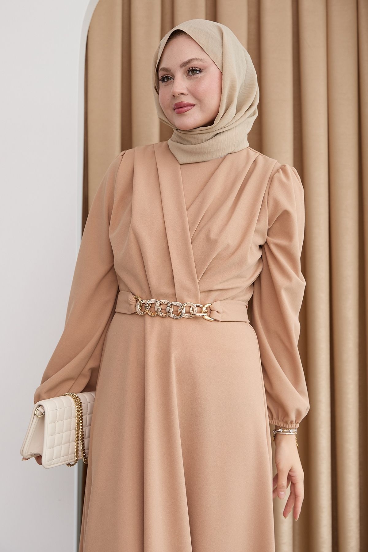 InStyle-Double Breasted Collar Chain Belted Camel Dress 2