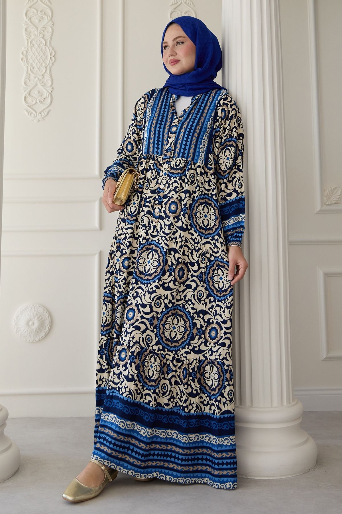 InStyle-Φόρεμα Ebruli Ethnic Pattern Saks Blue Viscose 1