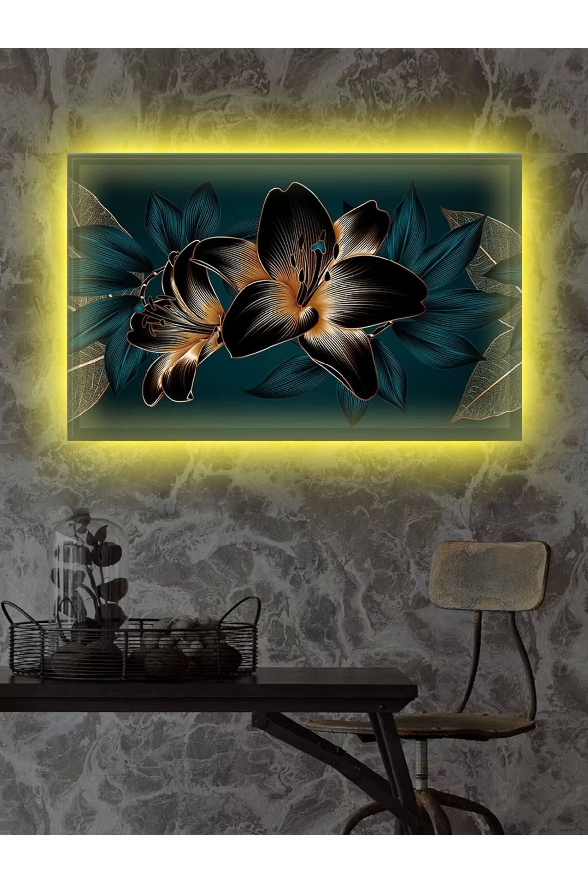 feifei Led Işıklı 3d Gold Mavi Çiçek Kanvas Tablo