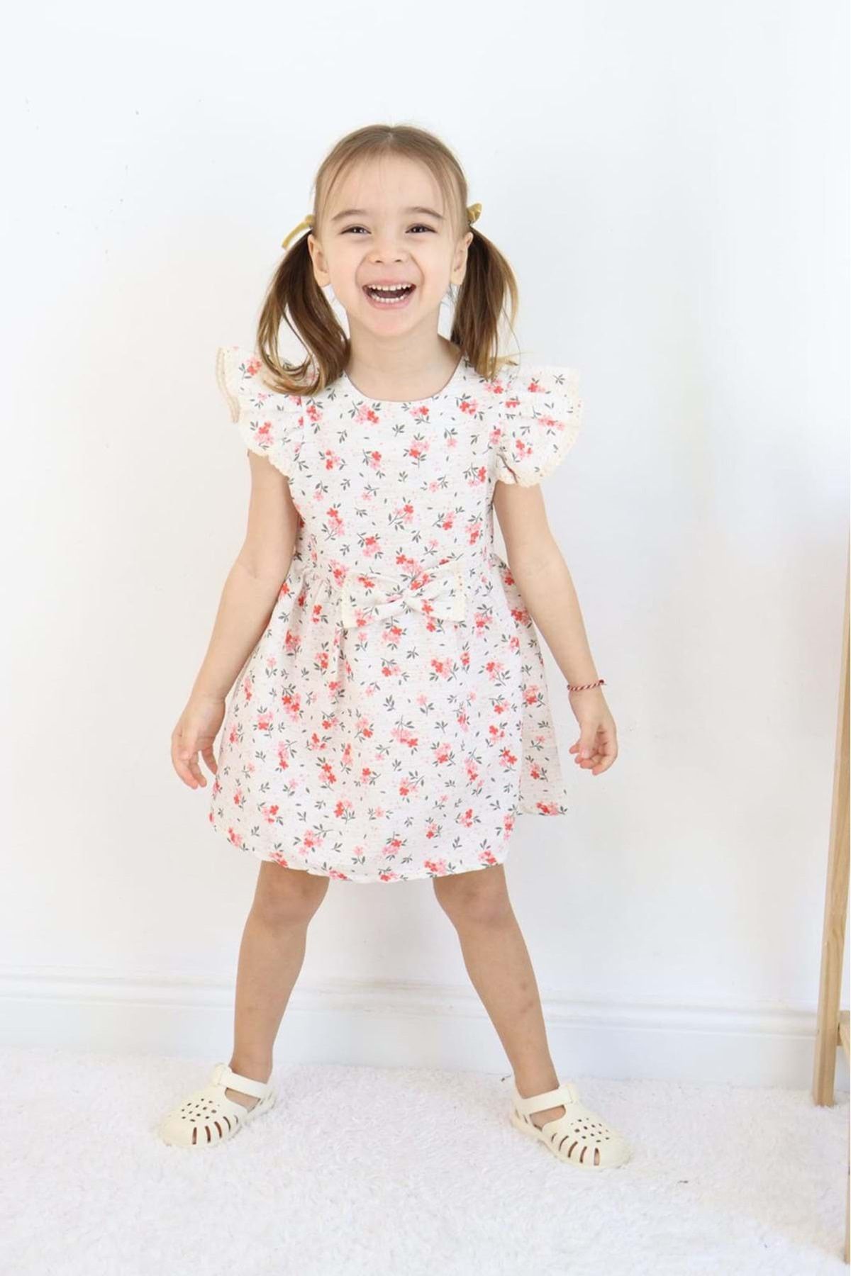 Çocuksan Baby&Kids Wear Kız Çocuk Yazlık Çiçekli Fiyonklu Elbise Kısa Kollu Günlük Elbise 3-6 Yaş