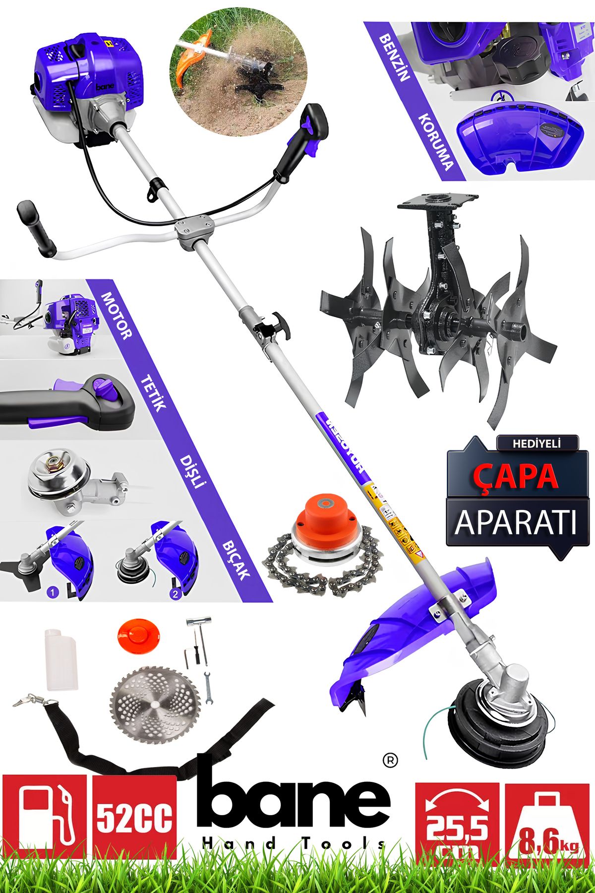 BANE Orijinal 3.6 Hp Yan Tip Benzinli Motorlu Tırpan (Çapalama Aparatı Hediye) Ot Çalı Çim Biçme Makinesi