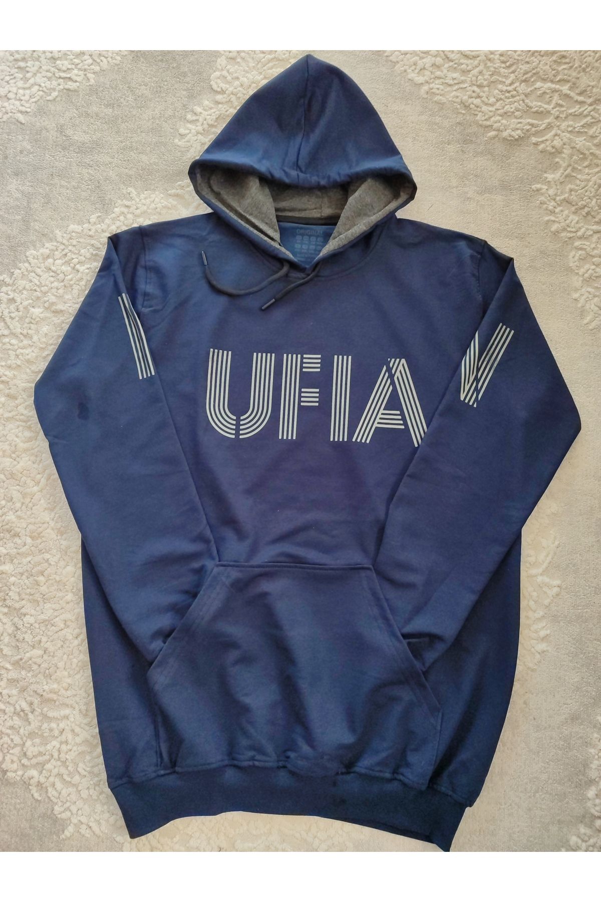 KIYAFET Kapşonlu Baskılı Lacivert Kanguru Cepli Sweatshirt