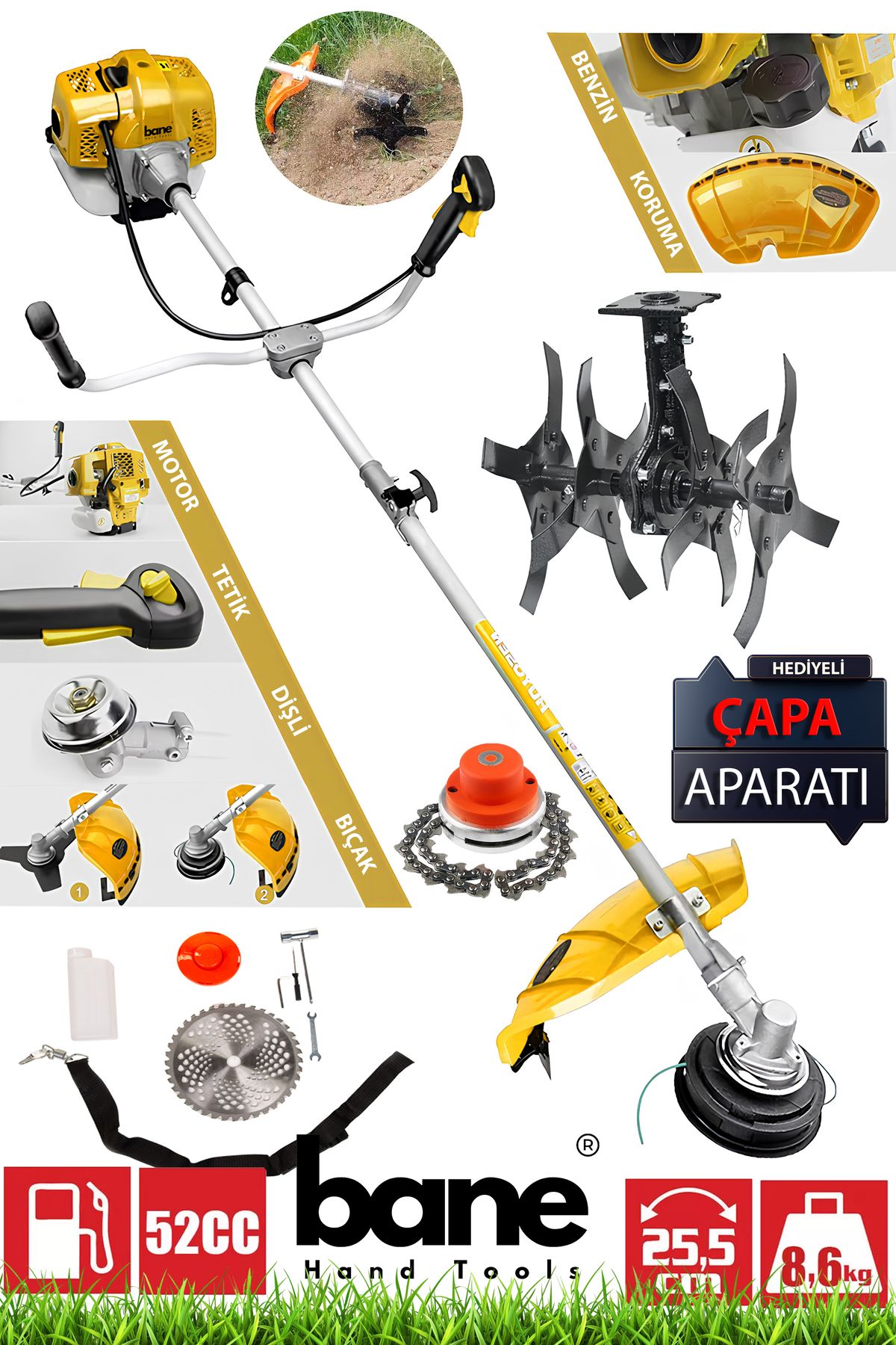BANE Orijinal 3.6 Hp Yan Tip Benzinli Motorlu Tırpan (Çapalama Aparatı Hediye) Ot Çalı Çim Biçme Makinesi